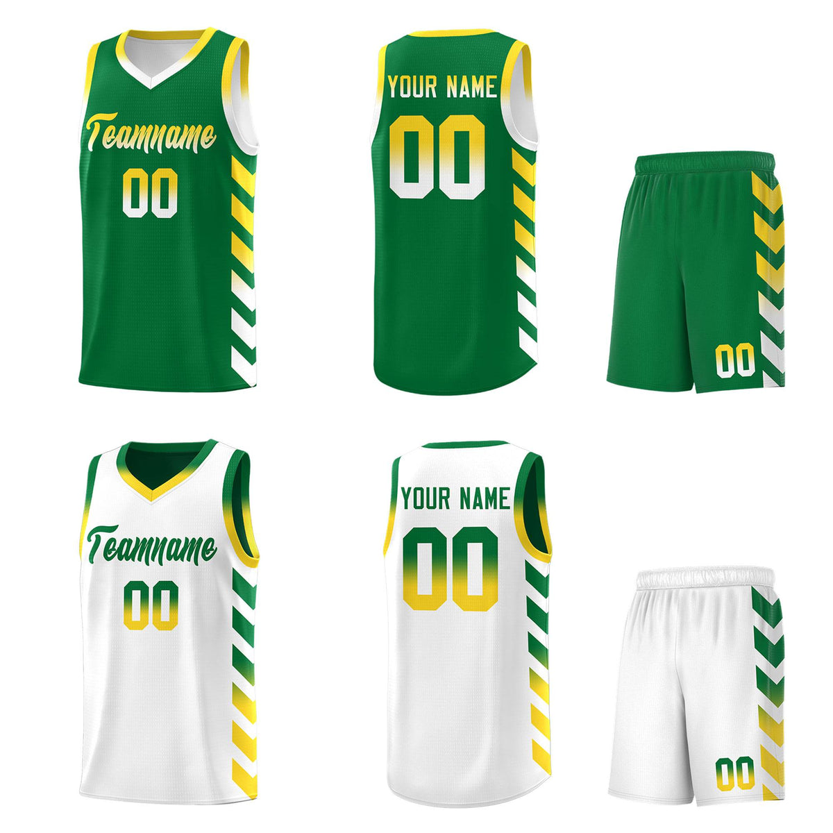 Custom White Kelly Green Reversible Basketball Jersey Kits - Side Arrow Kelly Green Gold Gradient