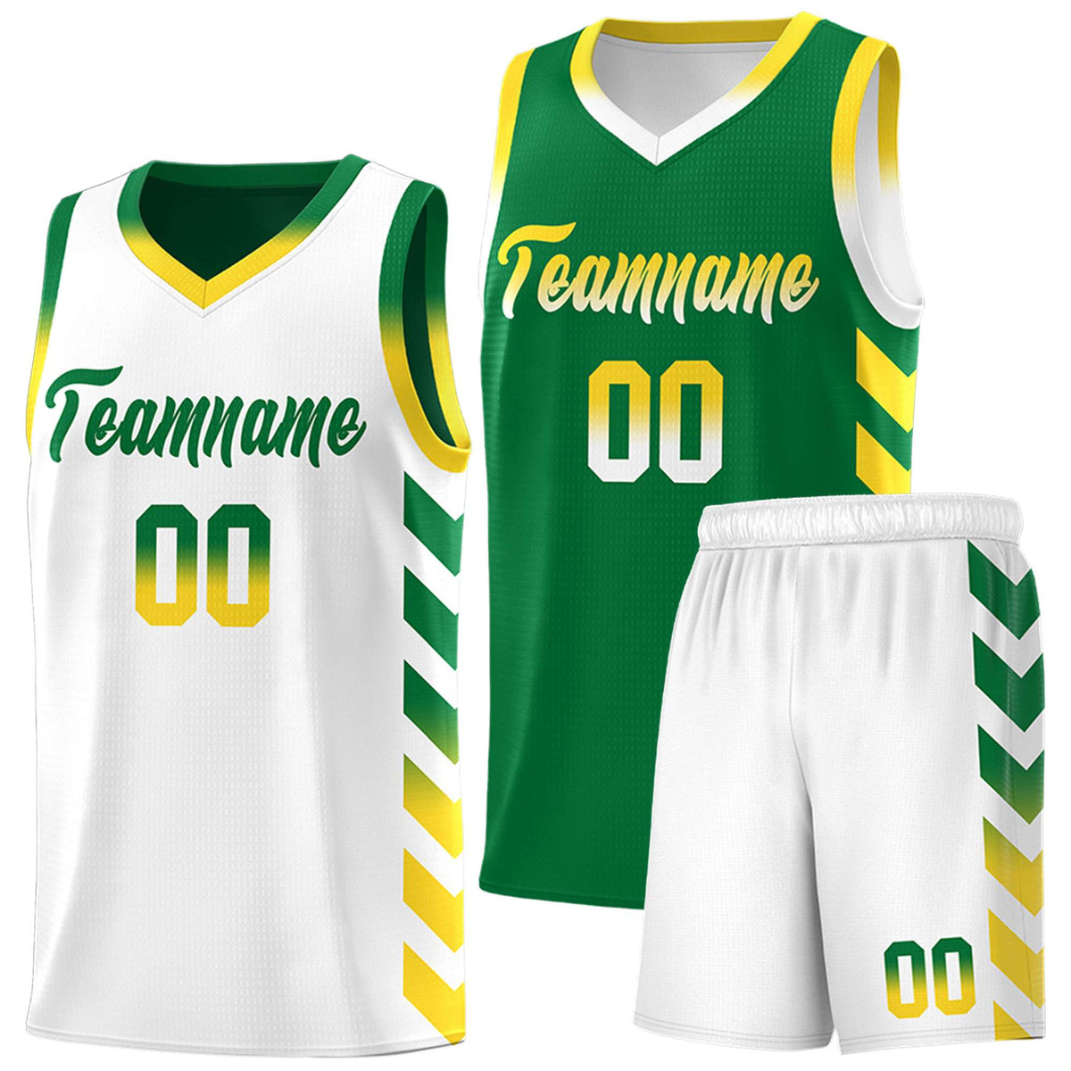 Custom White Kelly Green Reversible Basketball Jersey Kits - Side Arrow Kelly Green Gold Gradient