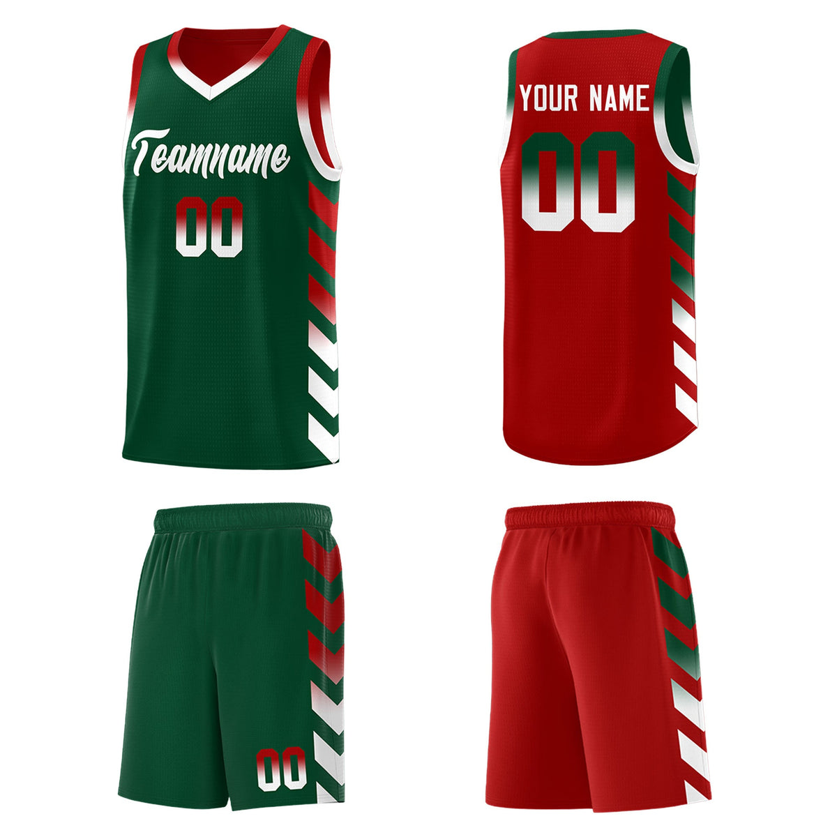 Custom Red Green Reversible Basketball Jersey Kits - Side Arrow Green White Gradient