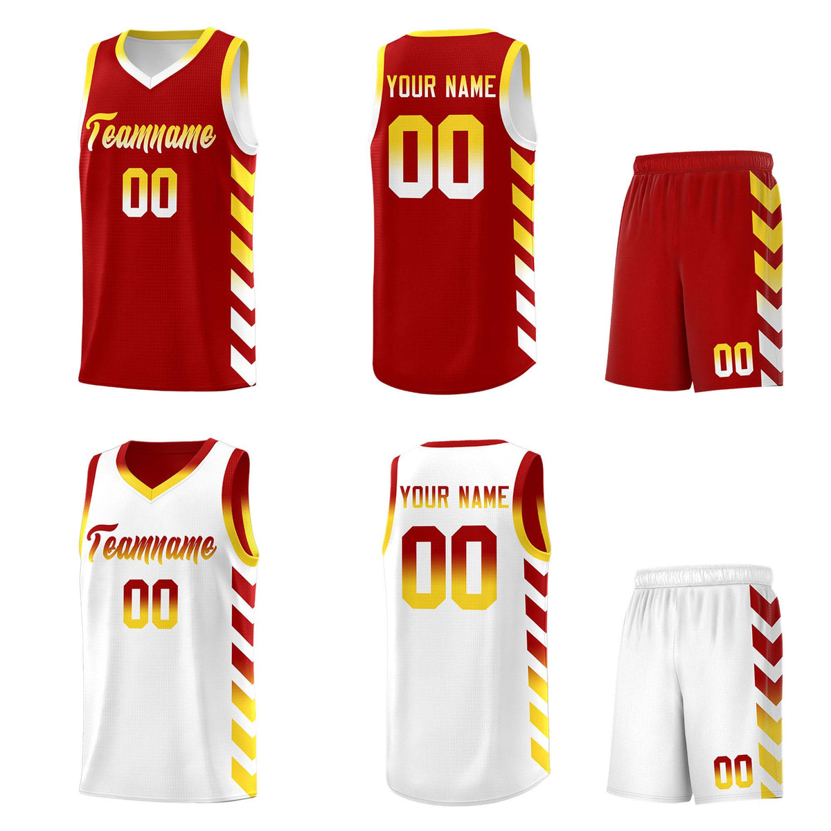 Custom White Red Reversible Basketball Jersey Kits - Side Arrow Red Gold Gradient