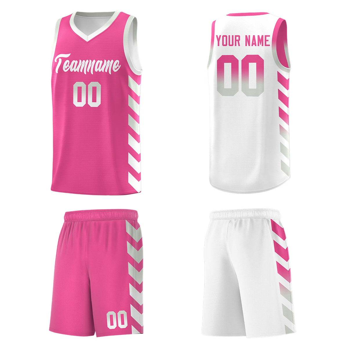 Custom White Pink Reversible Basketball Jersey Kits - Side Arrow Pink Gray Gradient