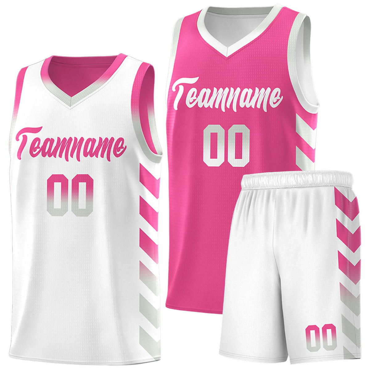 Custom White Pink Reversible Basketball Jersey Kits - Side Arrow Pink Gray Gradient