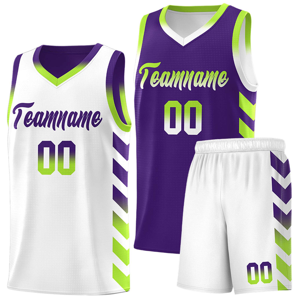 Custom White Purple Reversible Basketball Jersey Kits - Side Arrow Purple Neon Green Gradient