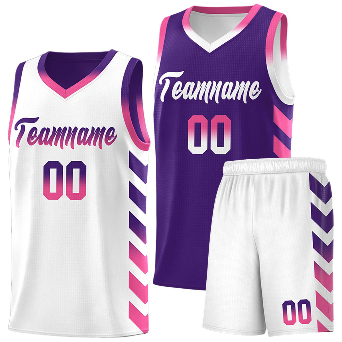 Custom White Purple Reversible Basketball Jersey Kits - Side Arrow Purple Pink Gradient