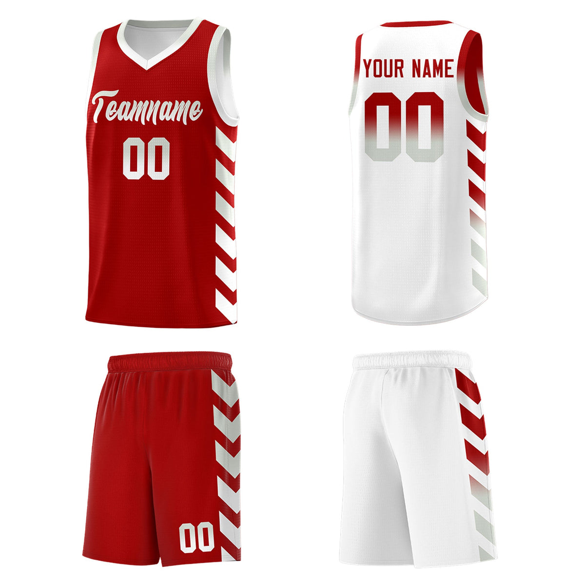 Custom White Red Reversible Basketball Jersey Kits - Side Arrow Red Gray Gradient