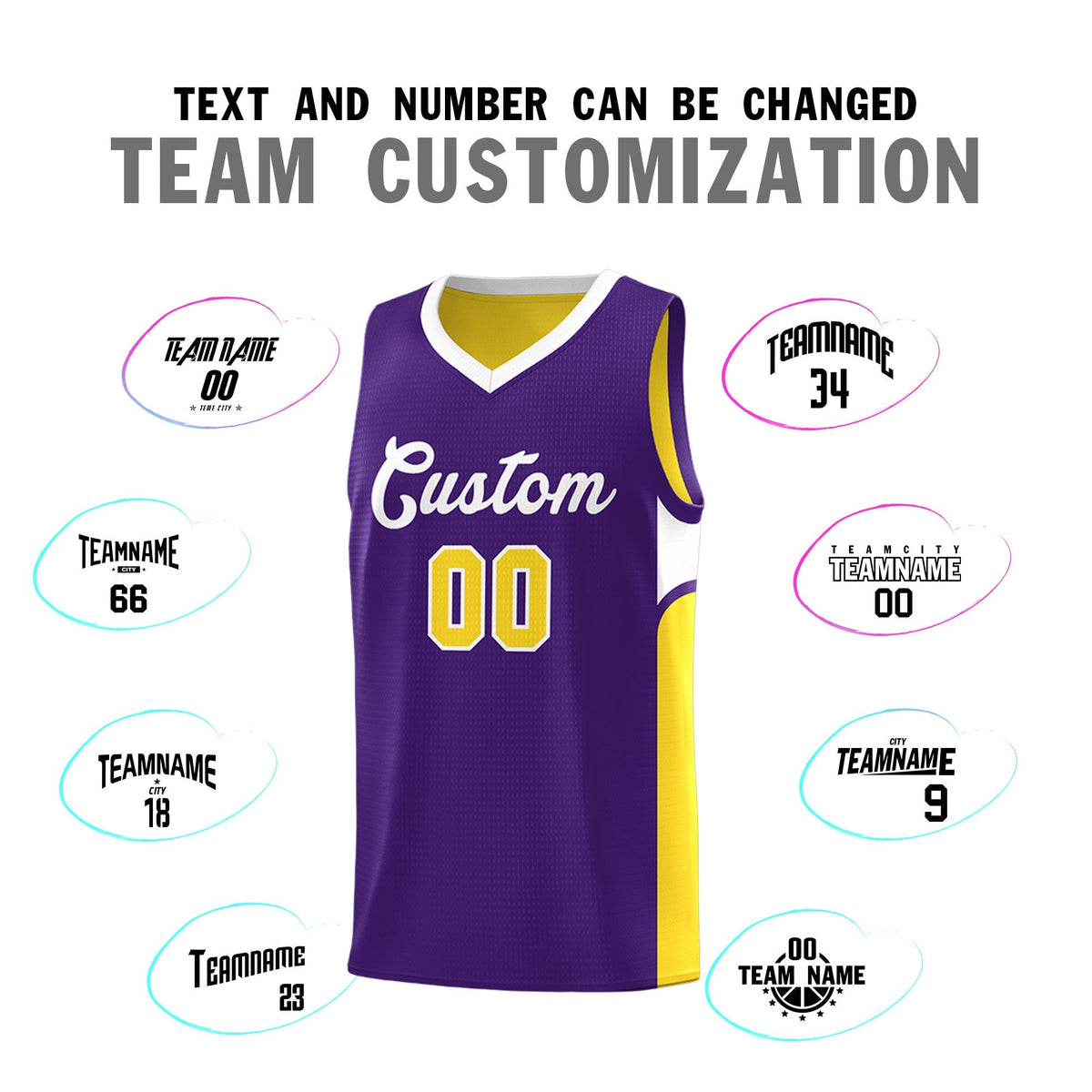 Custom Purple Gold Side U-shaped Patttern Double Side Sports Uniform Basketball Jersey|KXKSHOP