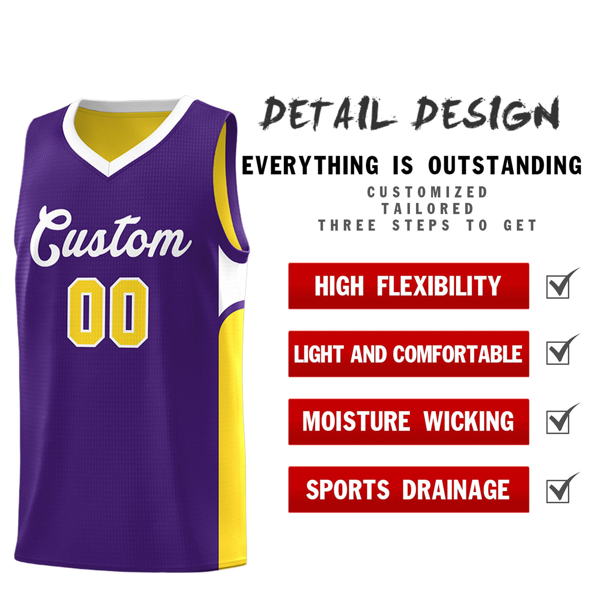 Custom Purple Gold Side U-shaped Patttern Double Side Sports Uniform Basketball Jersey|KXKSHOP