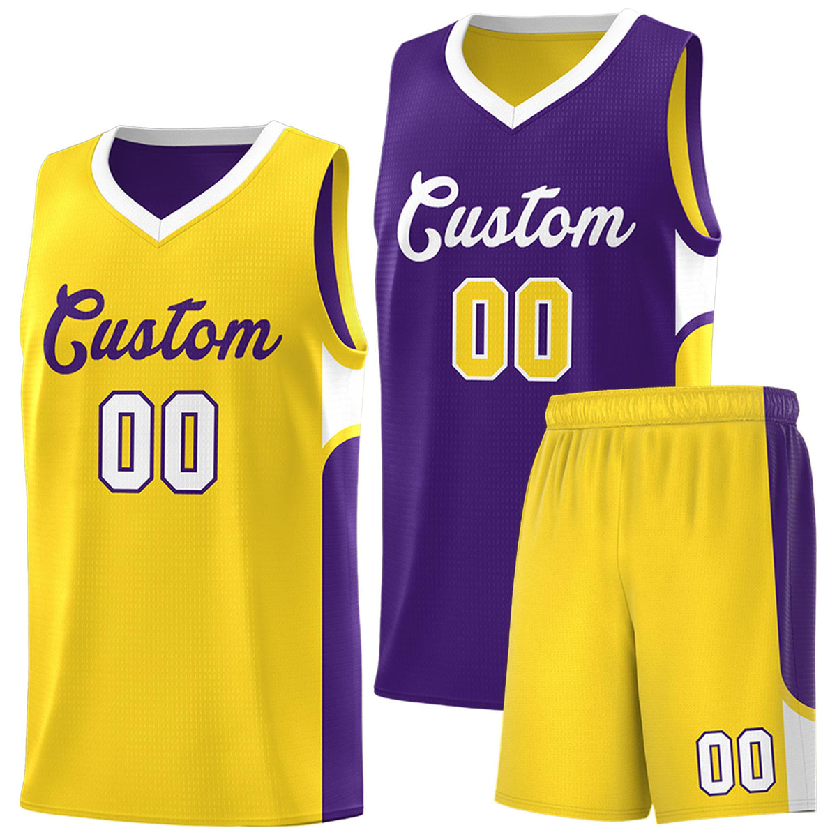 Custom Purple Gold Side U-shaped Patttern Double Side Sports Uniform Basketball Jersey|KXKSHOP