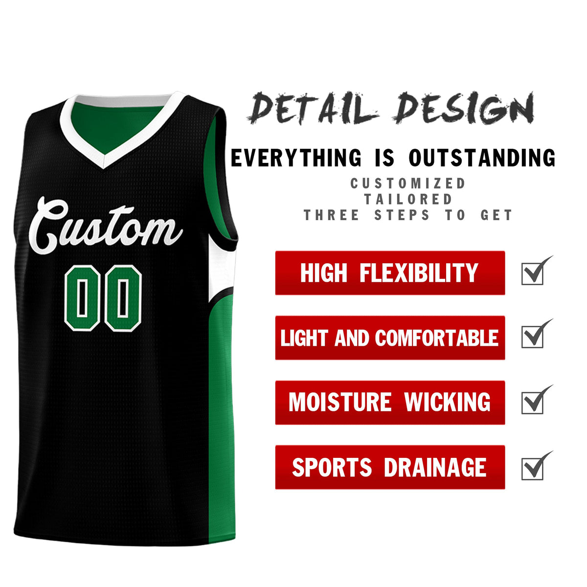 Custom Black Kelly Green Side U-shaped Patttern Double Side Sports Uniform Basketball Jersey|KXKSHOP