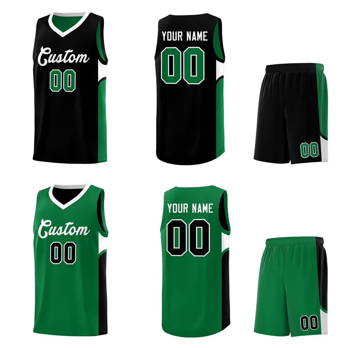 Custom Black Kelly Green Side U-shaped Patttern Double Side Sports Uniform Basketball Jersey|KXKSHOP