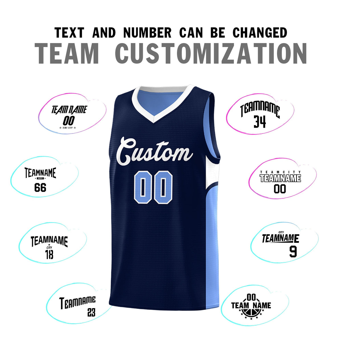 Custom Navy Light Blue Side U-shaped Patttern Double Side Sports Uniform Basketball Jersey|KXKSHOP