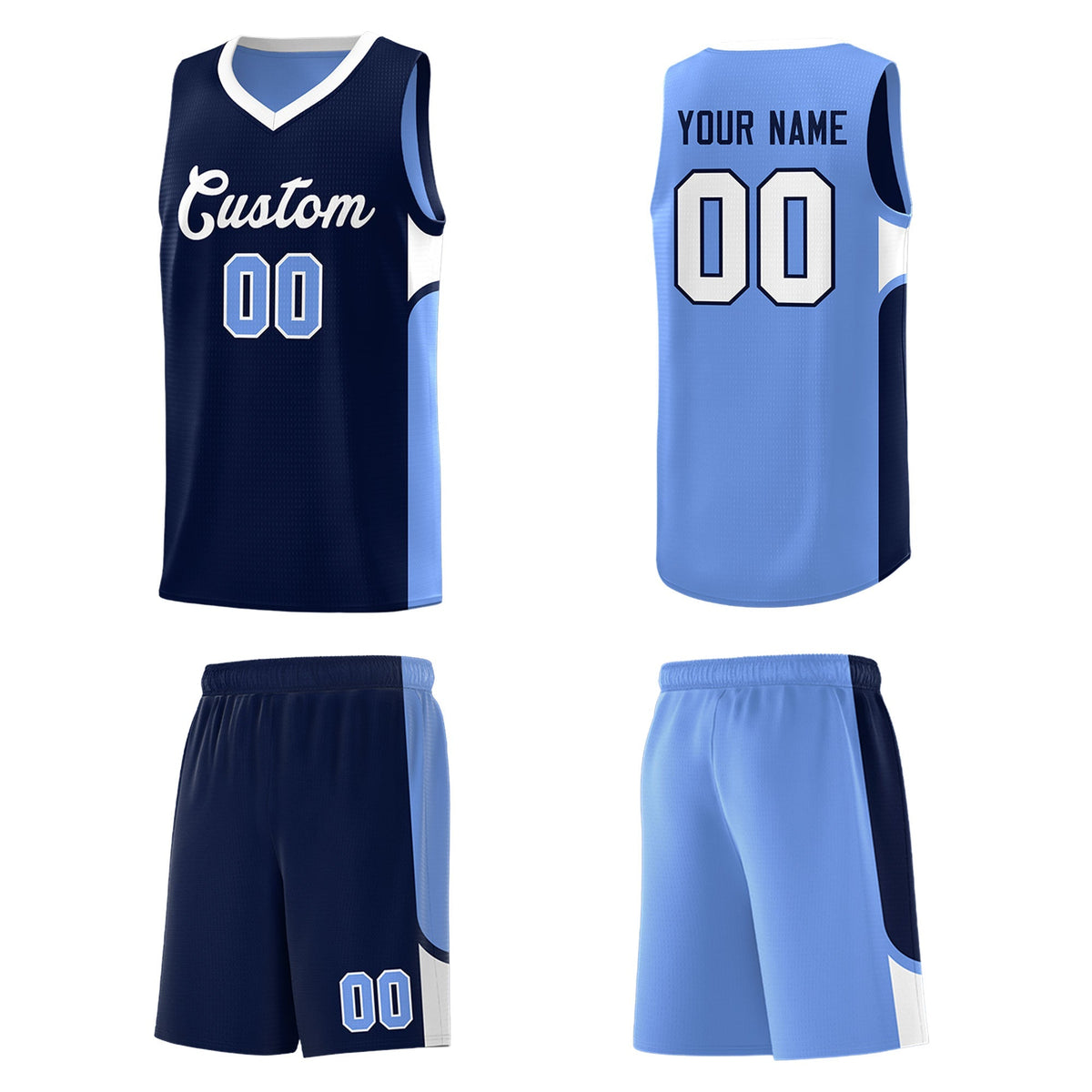 Custom Navy Light Blue Side U-shaped Patttern Double Side Sports Uniform Basketball Jersey|KXKSHOP