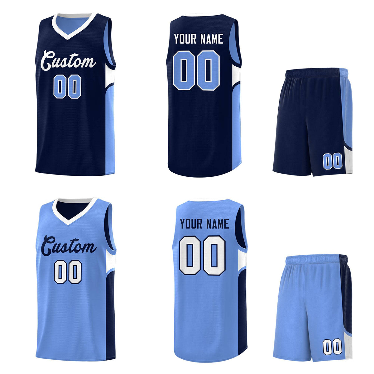 Custom Navy Light Blue Side U-shaped Patttern Double Side Sports Uniform Basketball Jersey|KXKSHOP