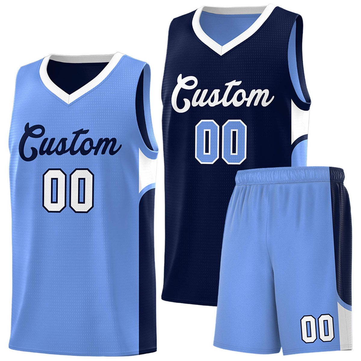 Custom Navy Light Blue Side U-shaped Patttern Double Side Sports Uniform Basketball Jersey|KXKSHOP