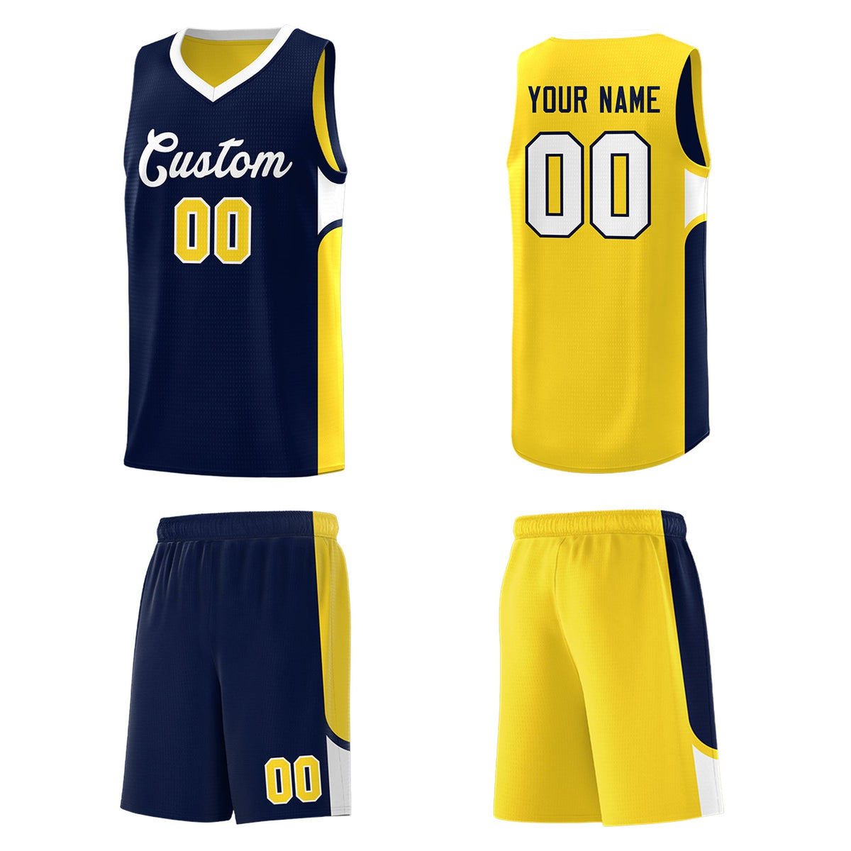 Custom Navy Gold Side U-shaped Patttern Double Side Sports Uniform Basketball Jersey|KXKSHOP