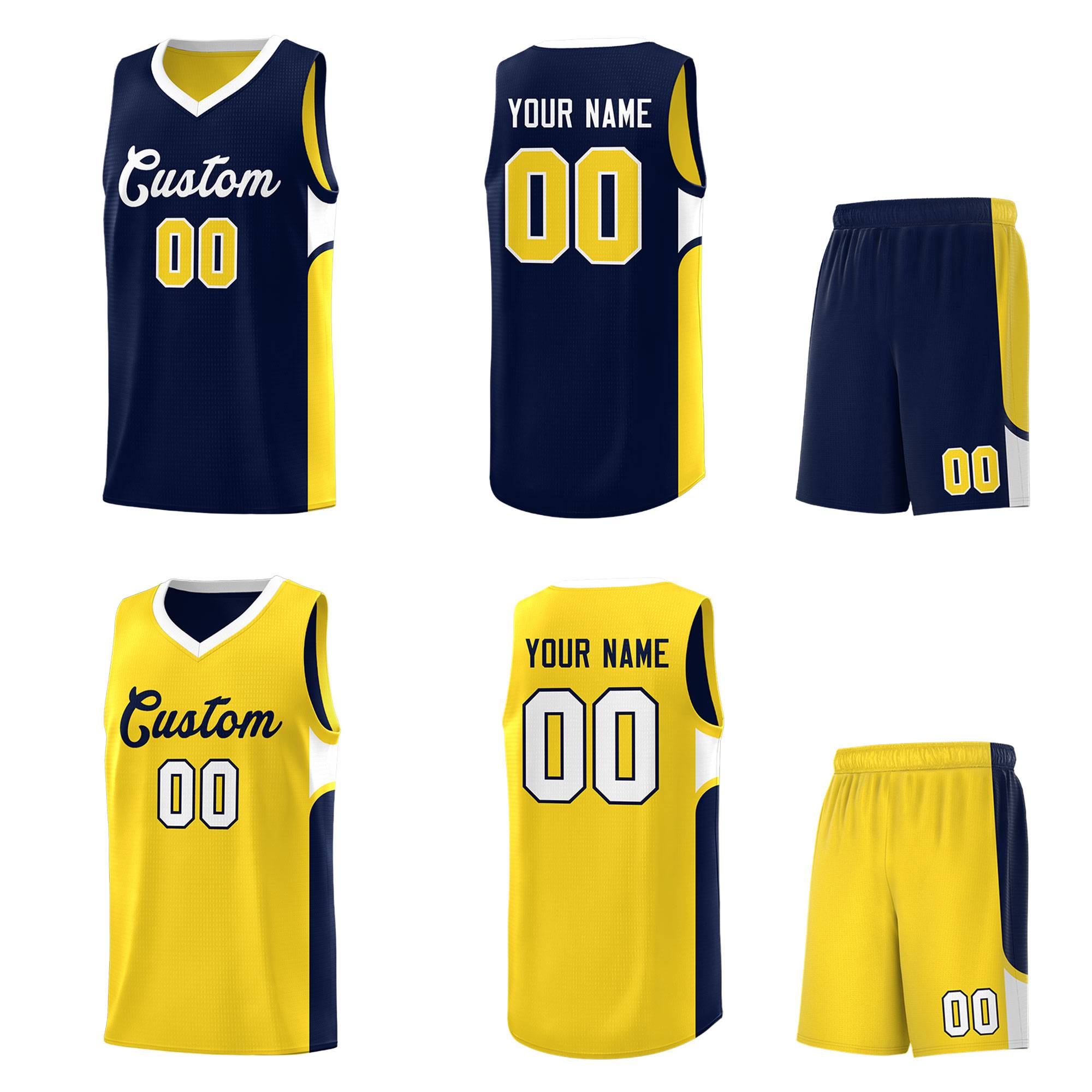 Custom Navy Gold Side U-shaped Patttern Double Side Sports Uniform Basketball Jersey|KXKSHOP