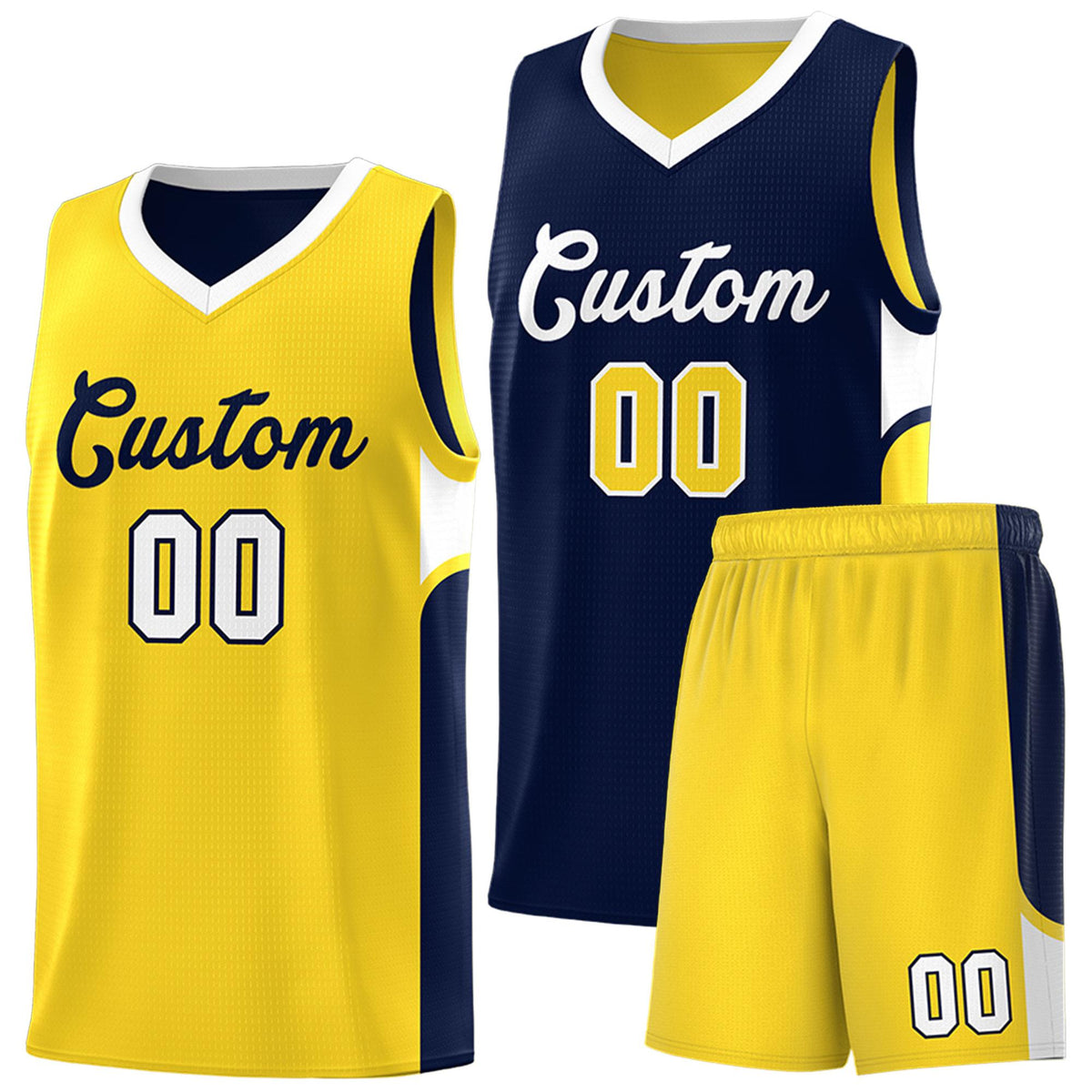 Custom Navy Gold Side U-shaped Patttern Double Side Sports Uniform Basketball Jersey|KXKSHOP