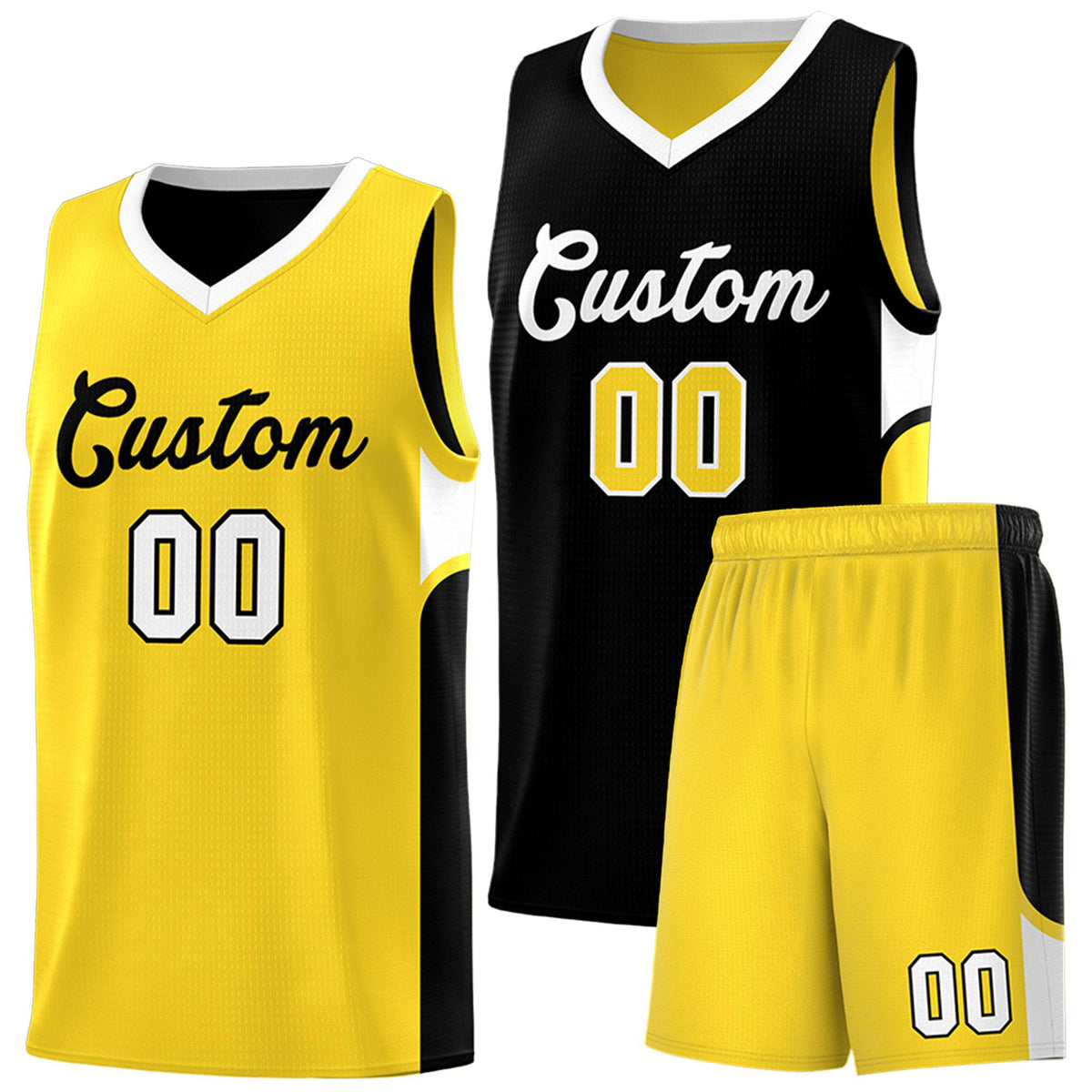 Custom Black Gold Side U-shaped Patttern Double Side Sports Uniform Basketball Jersey|KXKSHOP
