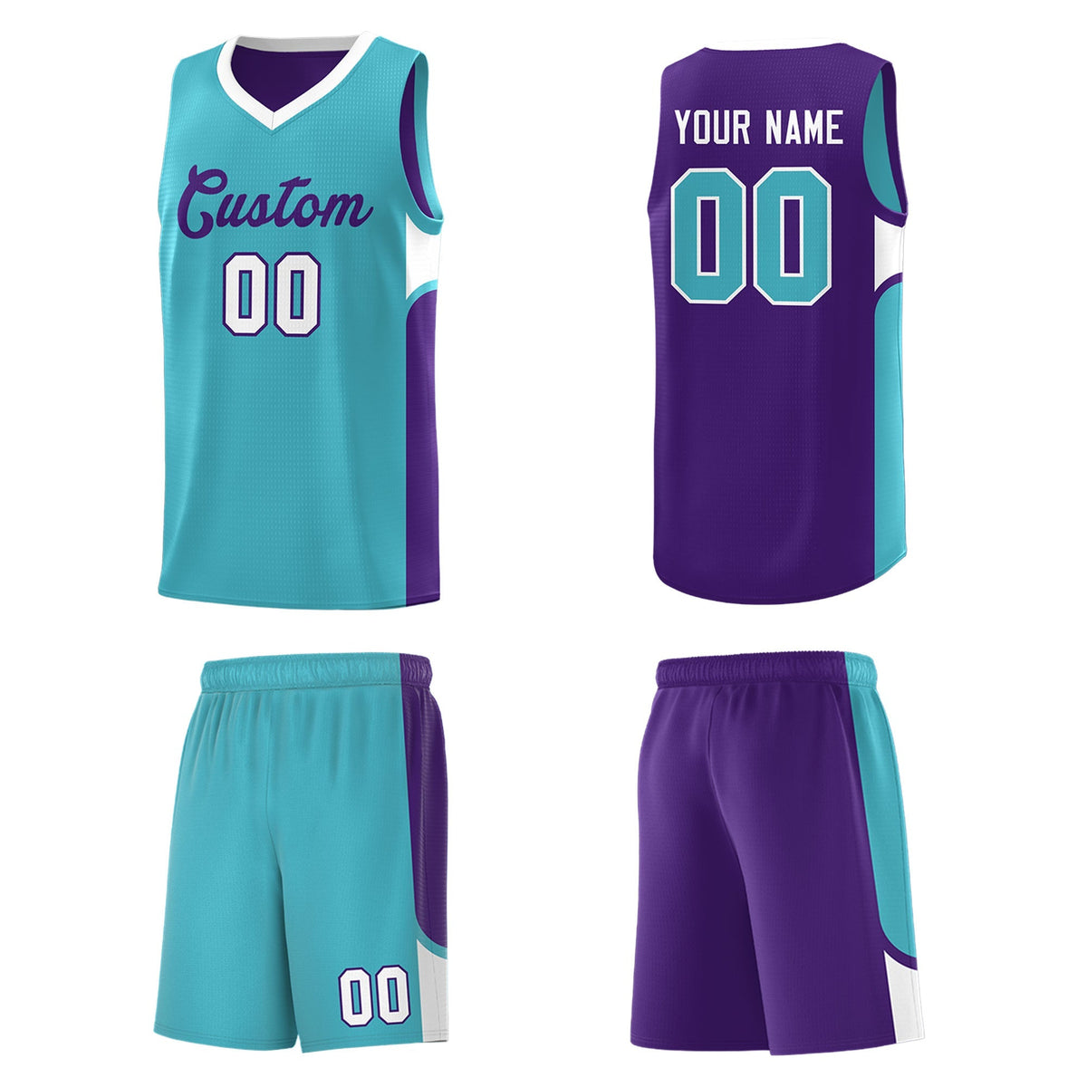 Custom Sky Blue Purple Side U-shaped Patttern Double Side Sports Uniform Basketball Jersey|KXKSHOP