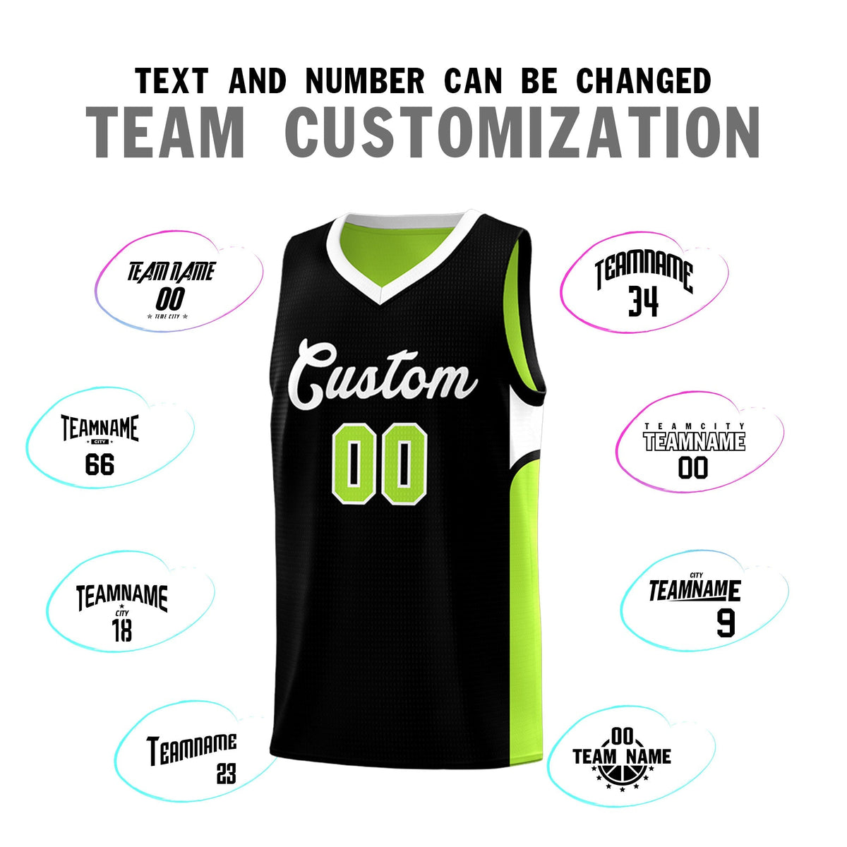 Custom Black Neon Green Side U-shaped Patttern Double Side Sports Uniform Basketball Jersey|KXKSHOP