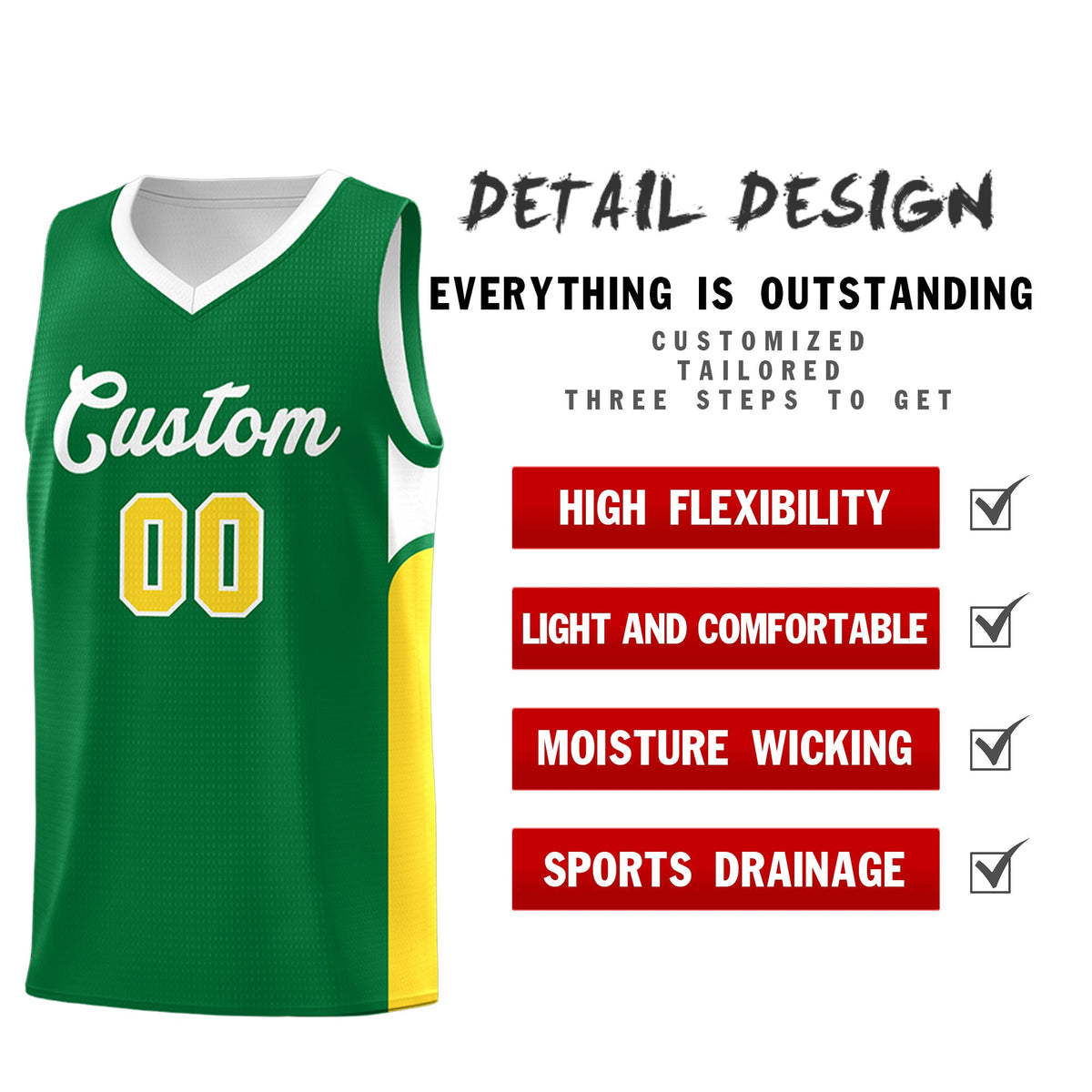 Custom Kelly Green White Side U-shaped Patttern Double Side Sports Uniform Basketball Jersey|KXKSHOP
