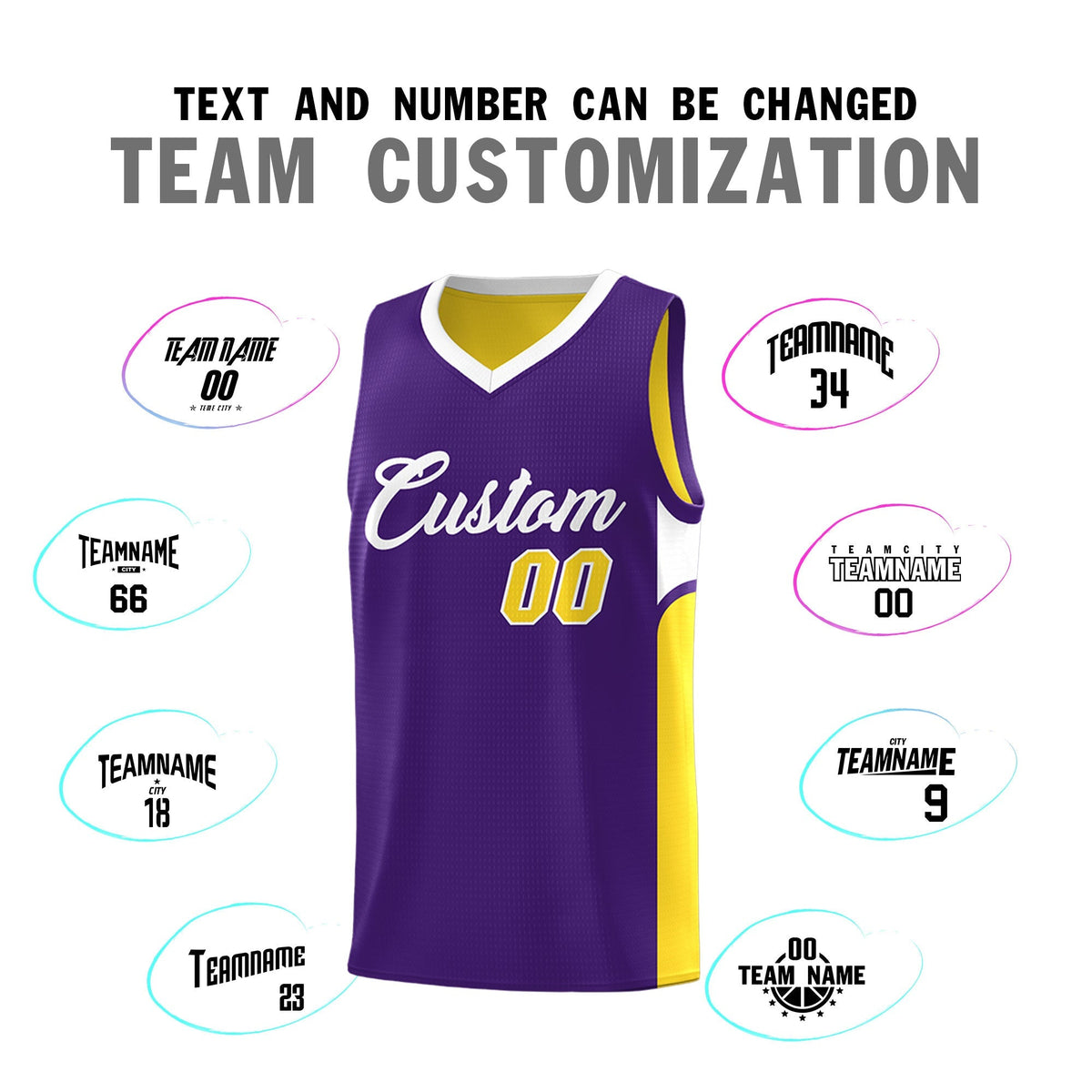 Custom Purple Gold Side U-shaped Patttern Double Side Sports Uniform Basketball Jersey|KXKSHOP