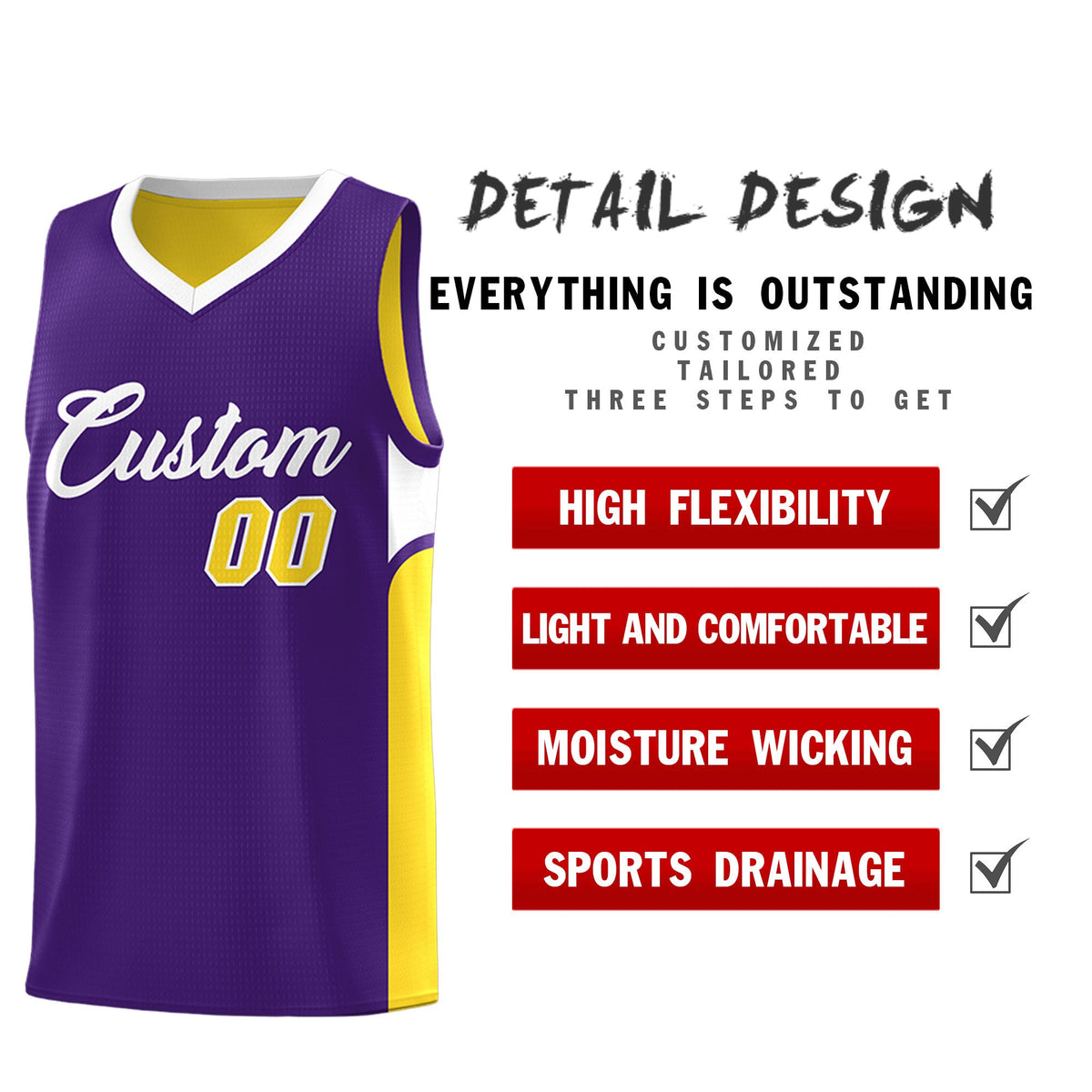 Custom Purple Gold Side U-shaped Patttern Double Side Sports Uniform Basketball Jersey|KXKSHOP