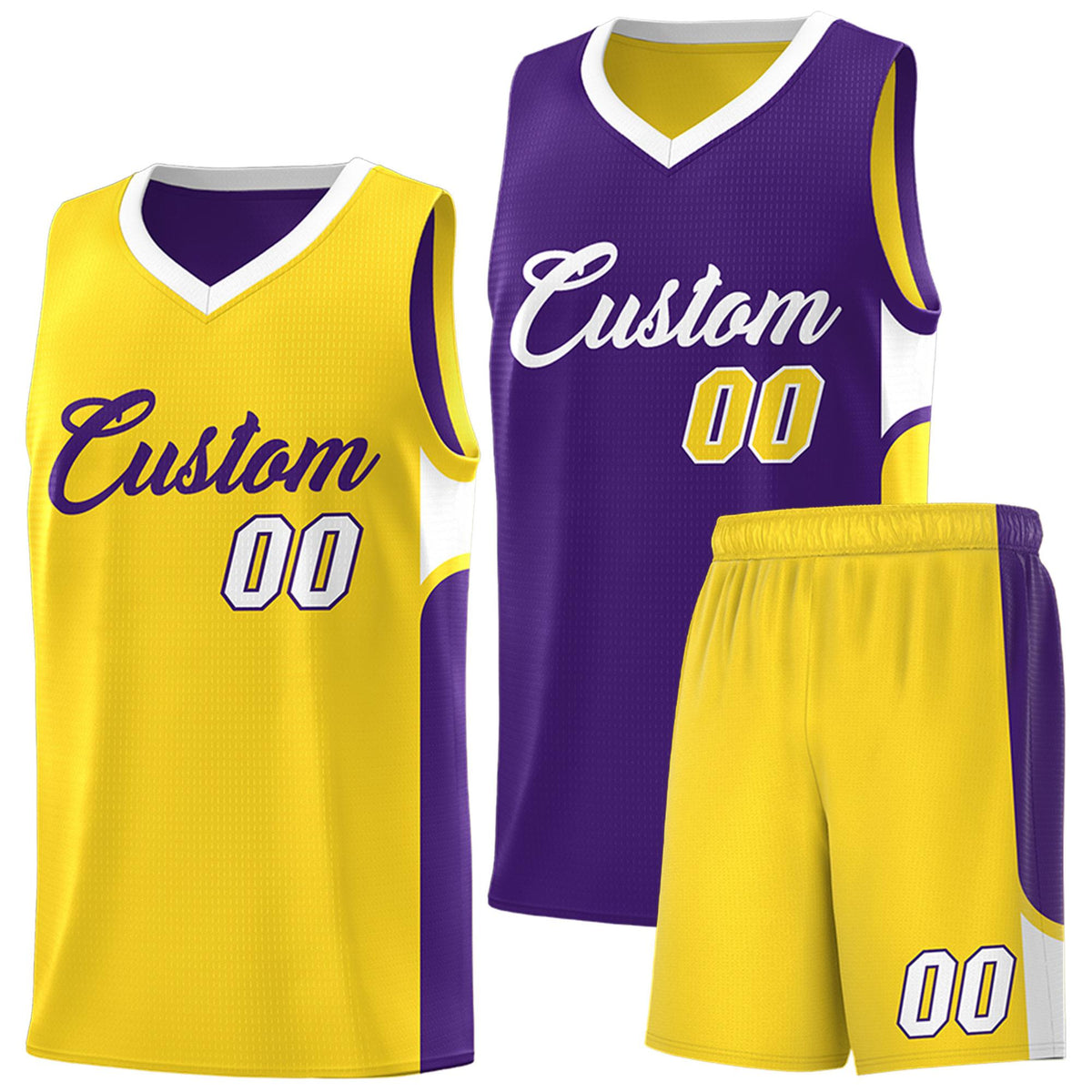 Custom Purple Gold Side U-shaped Patttern Double Side Sports Uniform Basketball Jersey|KXKSHOP