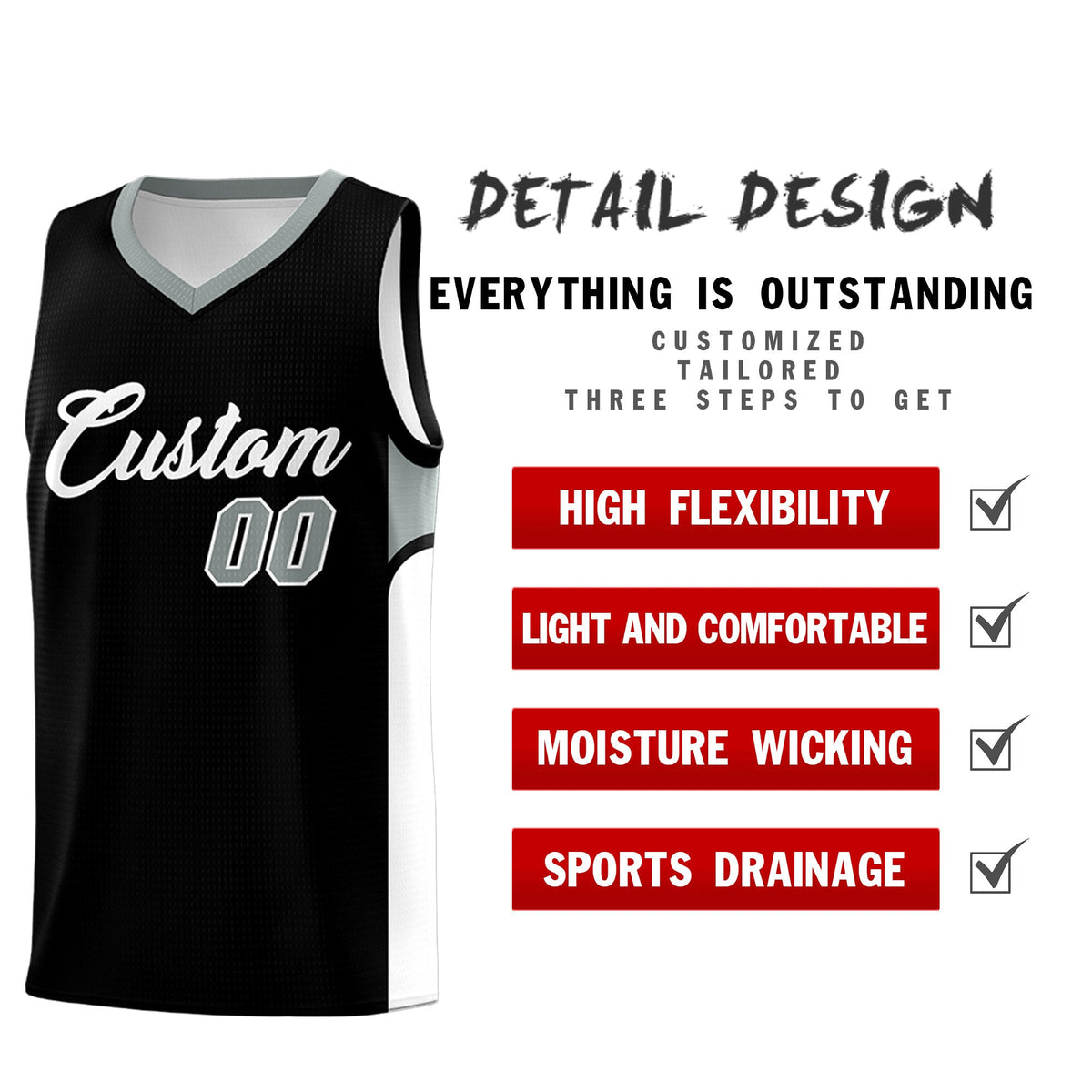Custom Black White Side U-shaped Patttern Double Side Sports Uniform Basketball Jersey|KXKSHOP