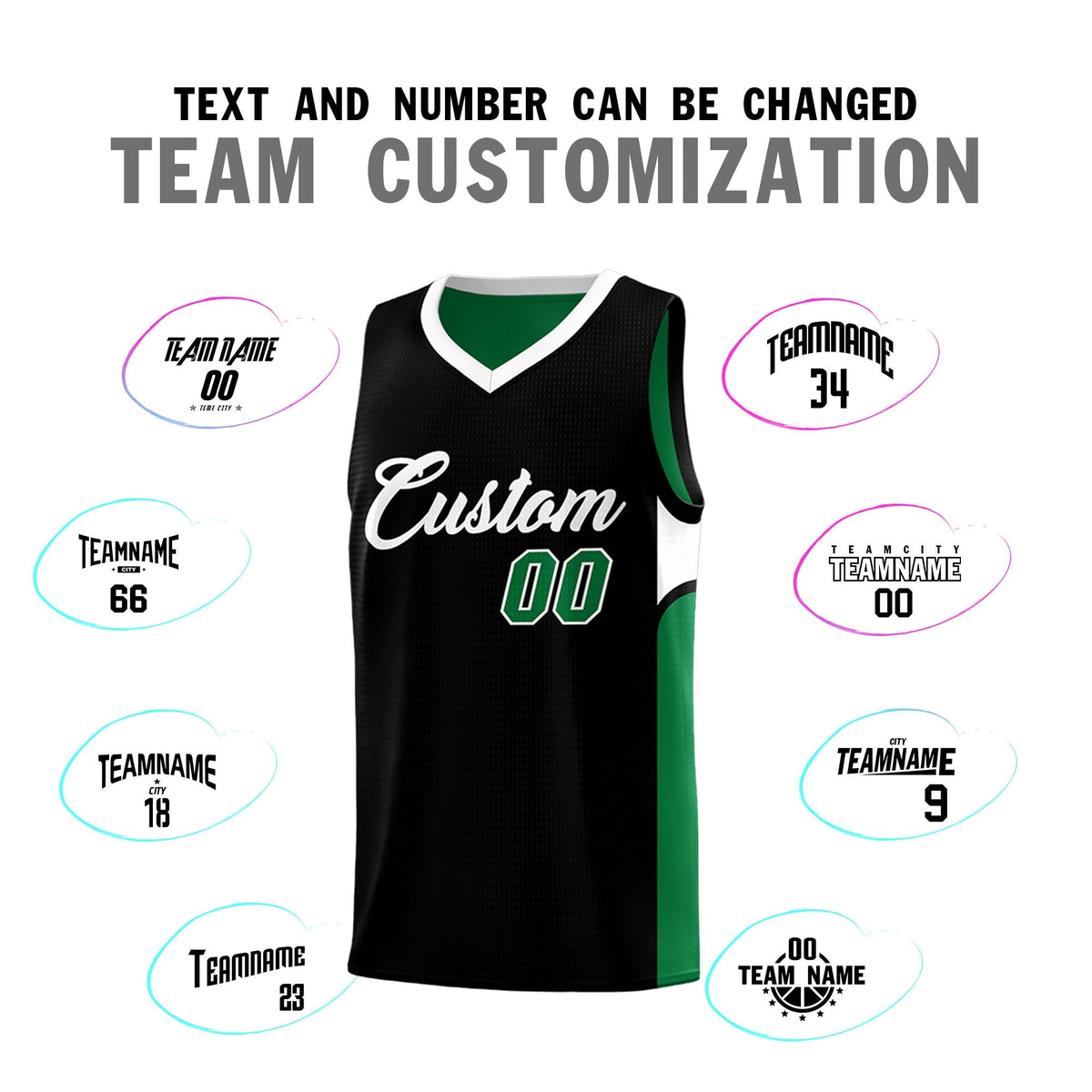 Custom Black Kelly Green Side U-shaped Patttern Double Side Sports Uniform Basketball Jersey|KXKSHOP