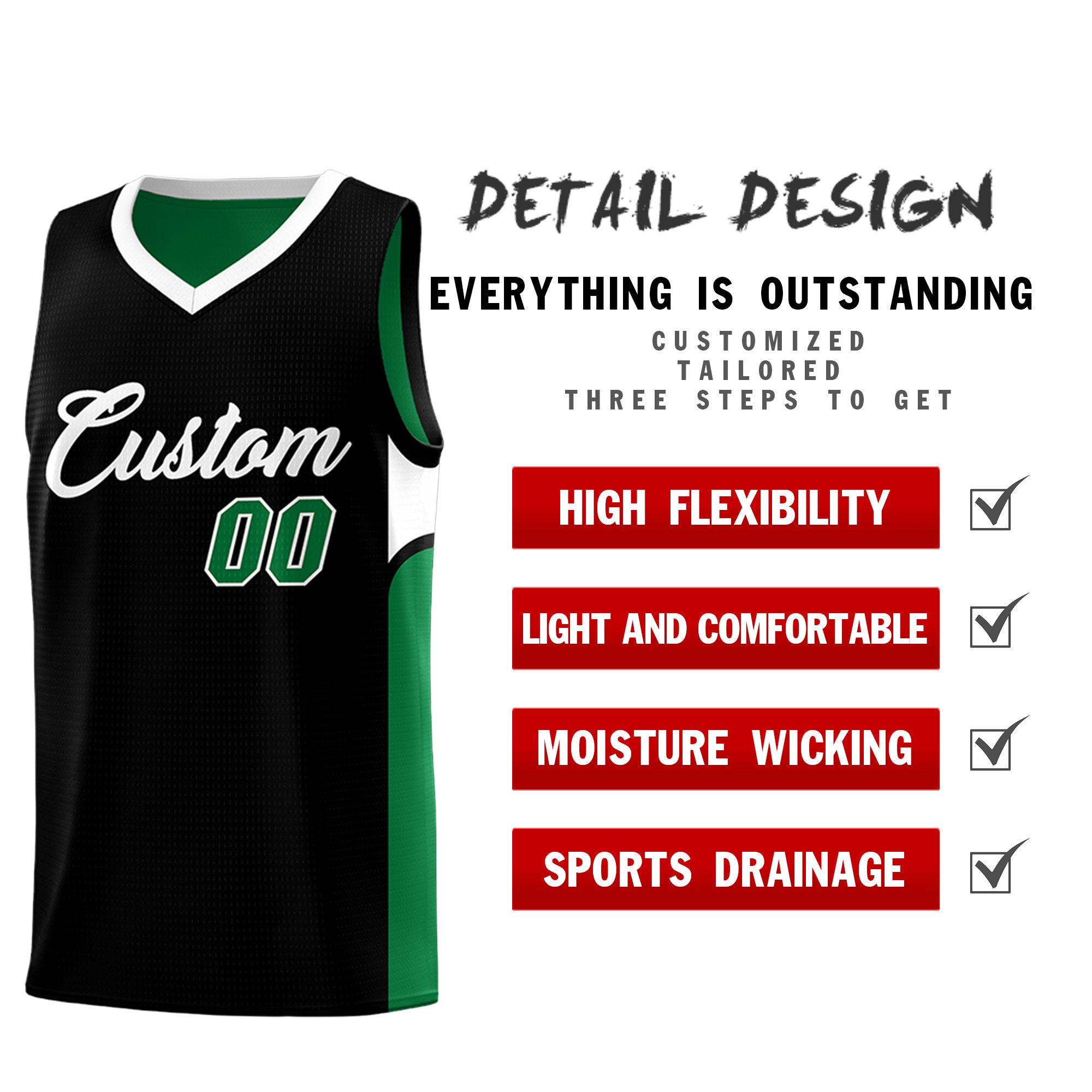 Custom Black Kelly Green Side U-shaped Patttern Double Side Sports Uniform Basketball Jersey|KXKSHOP