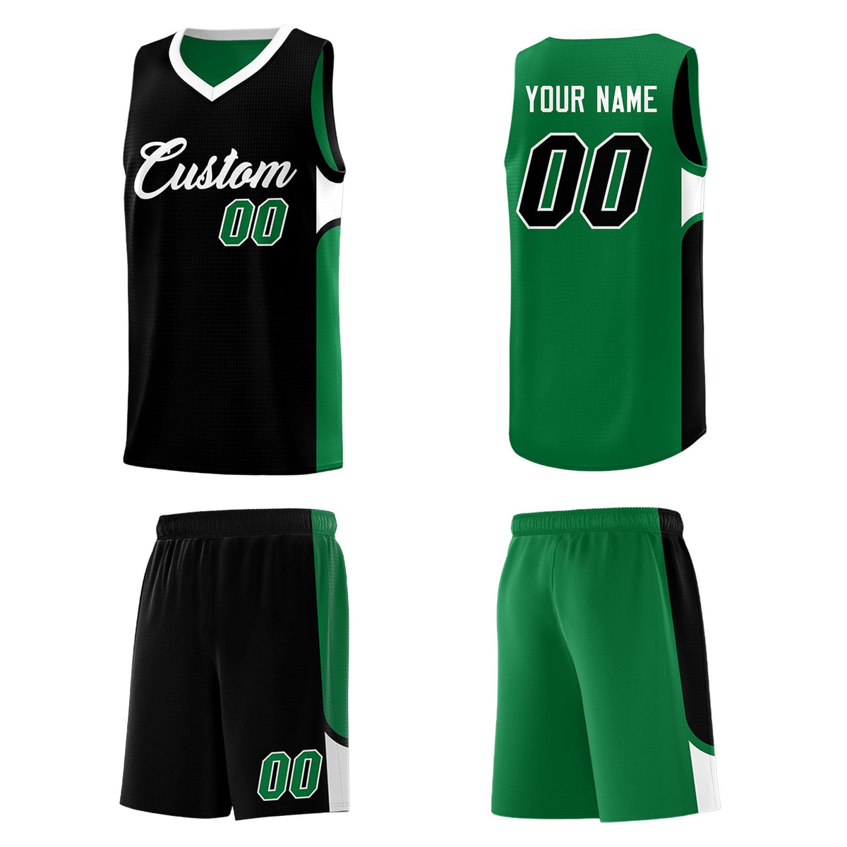 Custom Black Kelly Green Side U-shaped Patttern Double Side Sports Uniform Basketball Jersey|KXKSHOP