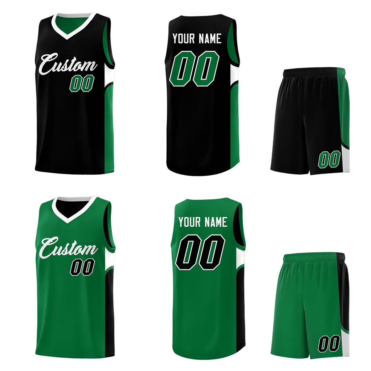 Custom Black Kelly Green Side U-shaped Patttern Double Side Sports Uniform Basketball Jersey|KXKSHOP