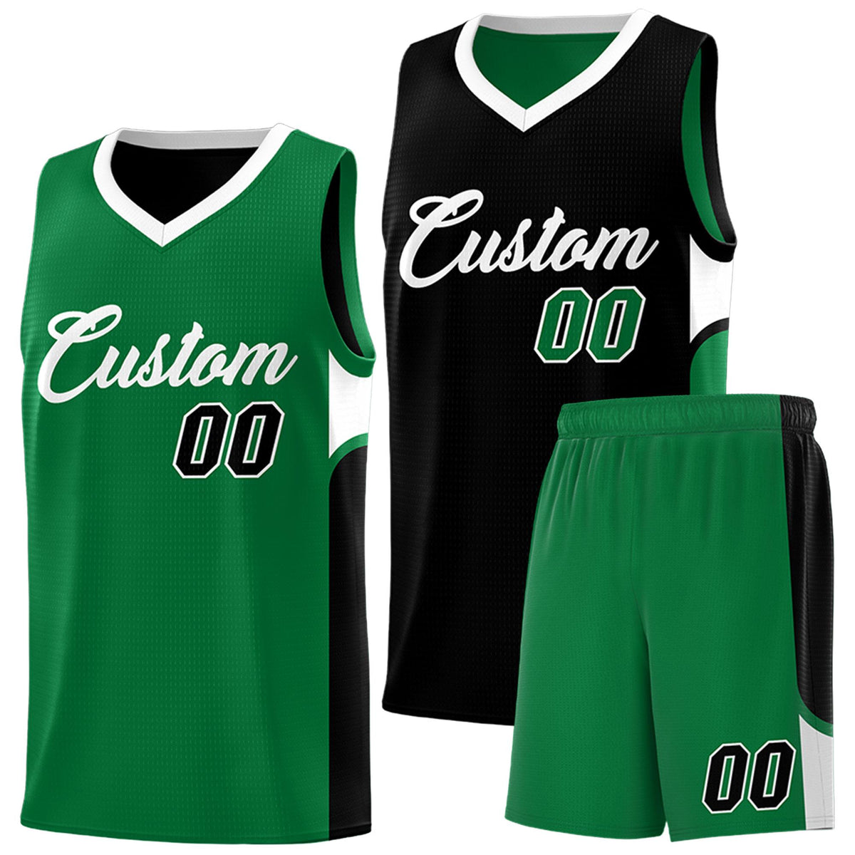 Custom Black Kelly Green Side U-shaped Patttern Double Side Sports Uniform Basketball Jersey|KXKSHOP