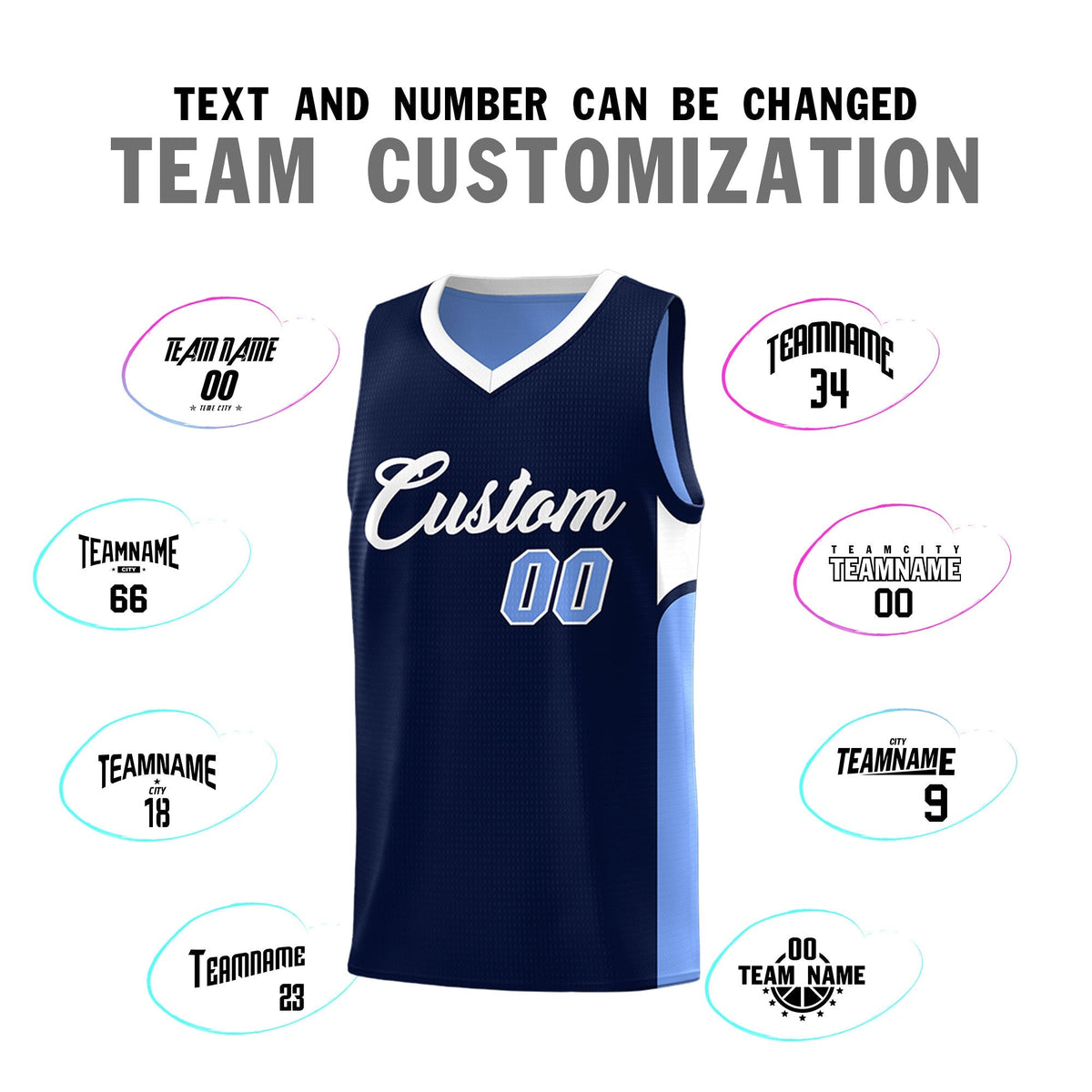 Custom Navy Light Blue Side U-shaped Patttern Double Side Sports Uniform Basketball Jersey|KXKSHOP