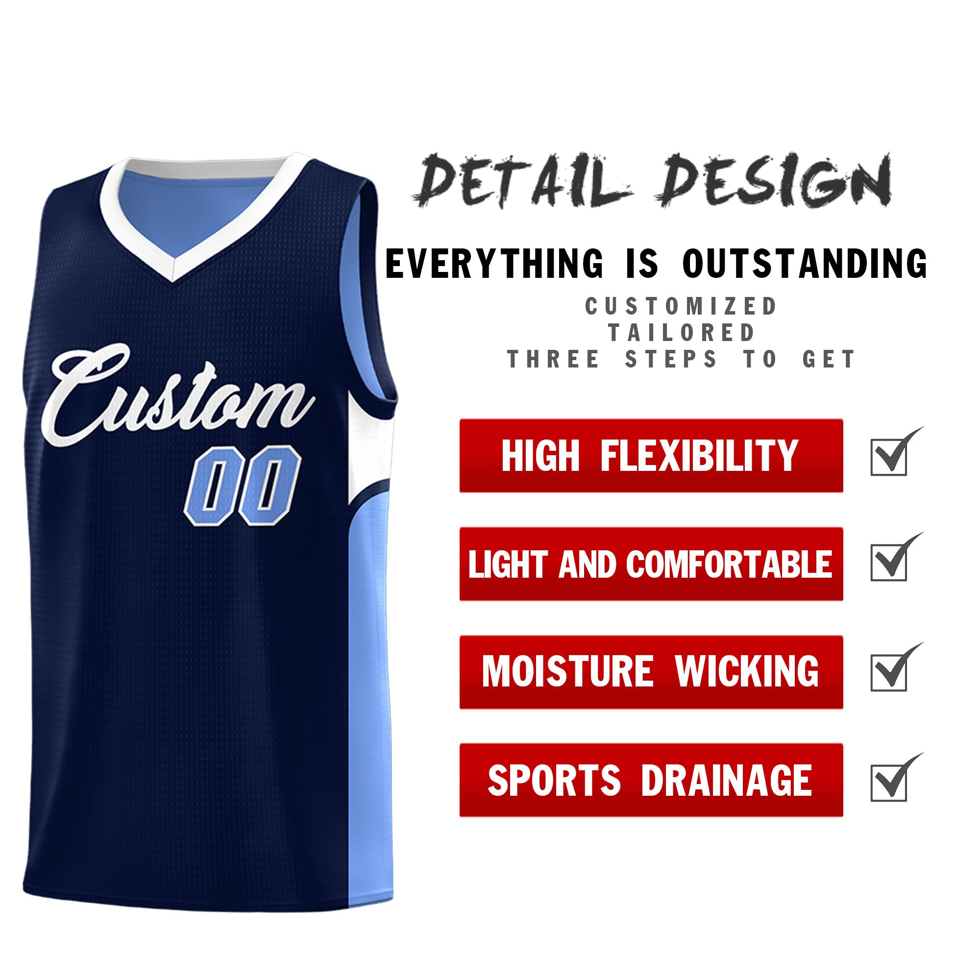 Custom Navy Light Blue Side U-shaped Patttern Double Side Sports Uniform Basketball Jersey|KXKSHOP