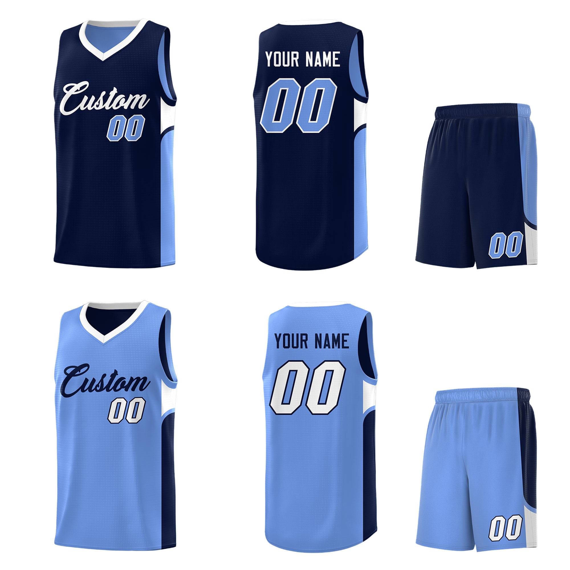 Custom Navy Light Blue Side U-shaped Patttern Double Side Sports Uniform Basketball Jersey|KXKSHOP