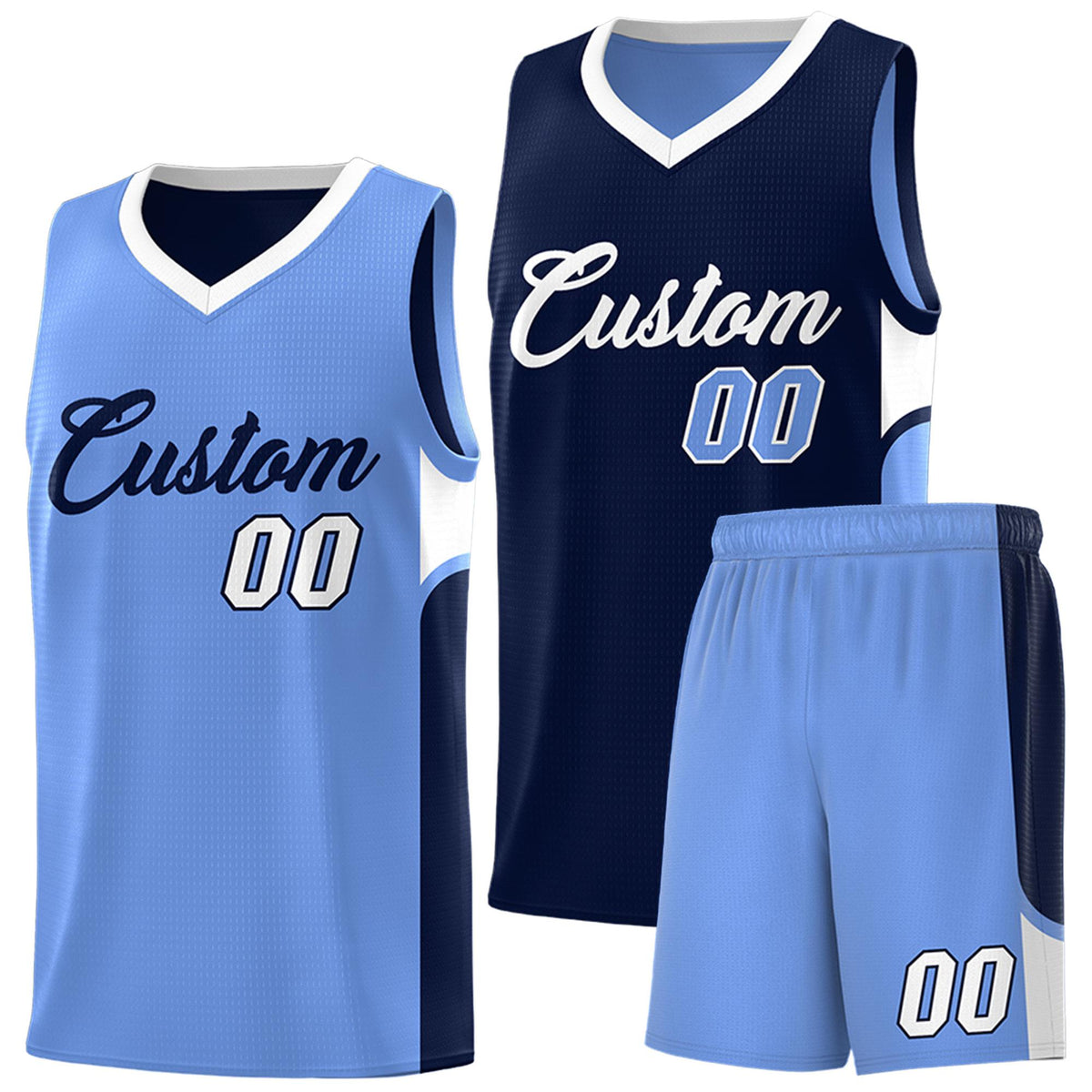 Custom Navy Light Blue Side U-shaped Patttern Double Side Sports Uniform Basketball Jersey|KXKSHOP