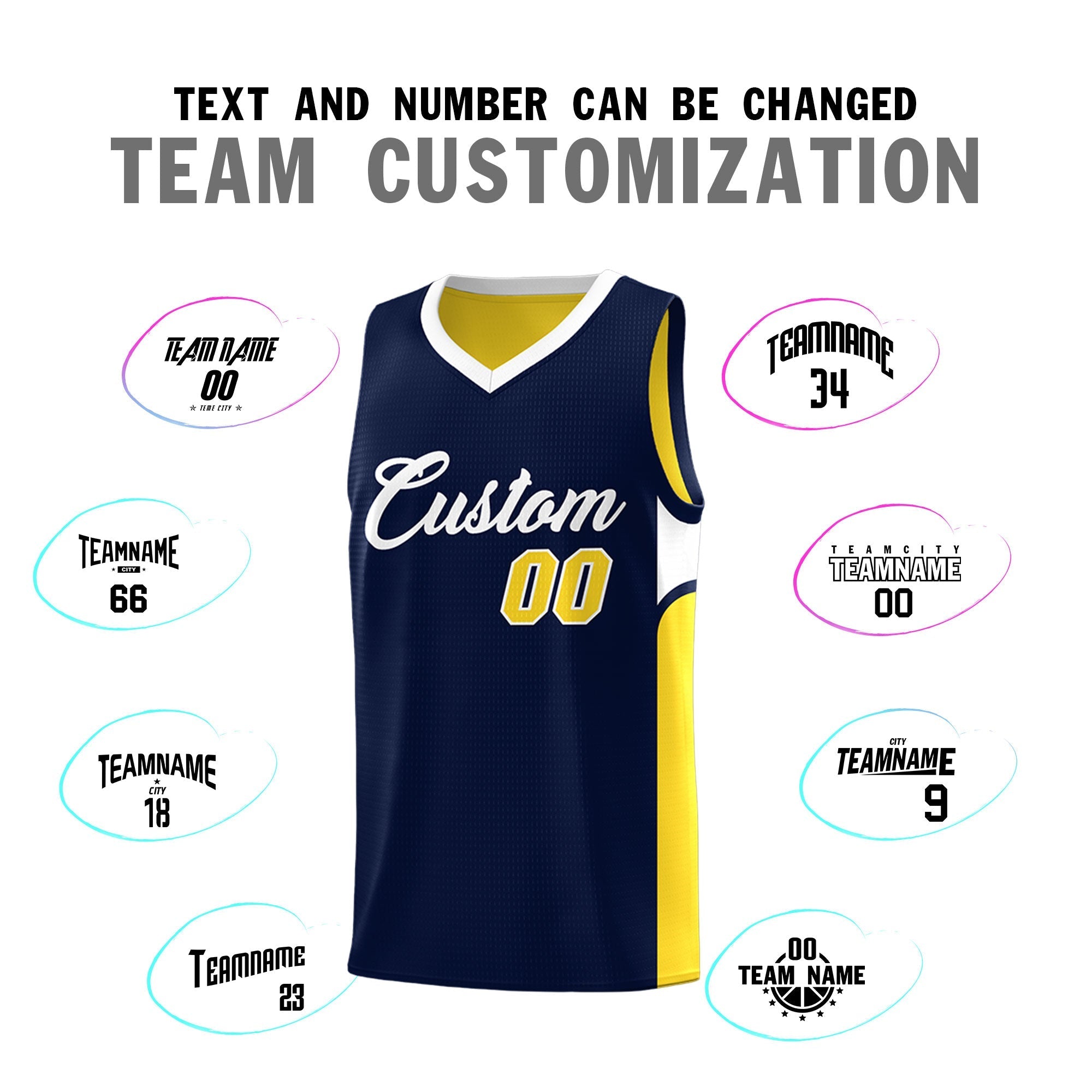 Custom Navy Gold Side U-shaped Patttern Double Side Sports Uniform Basketball Jersey|KXKSHOP