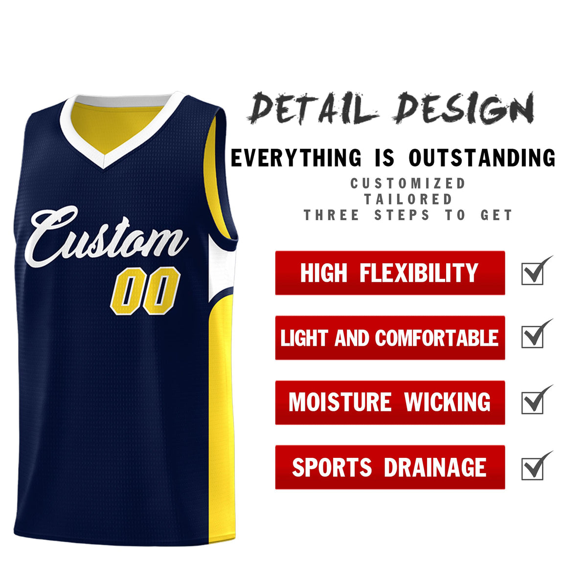 Custom Navy Gold Side U-shaped Patttern Double Side Sports Uniform Basketball Jersey|KXKSHOP