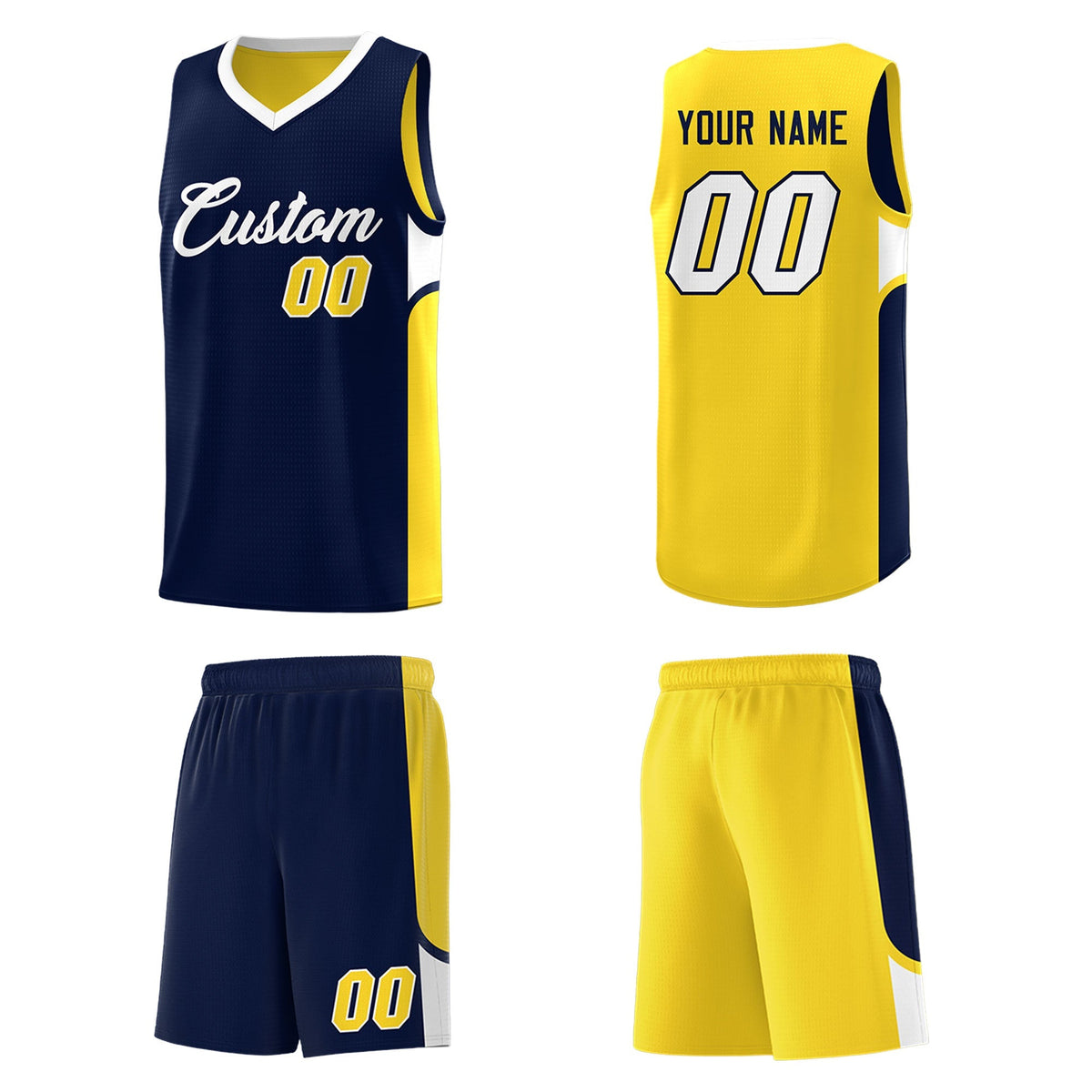 Custom Navy Gold Side U-shaped Patttern Double Side Sports Uniform Basketball Jersey|KXKSHOP