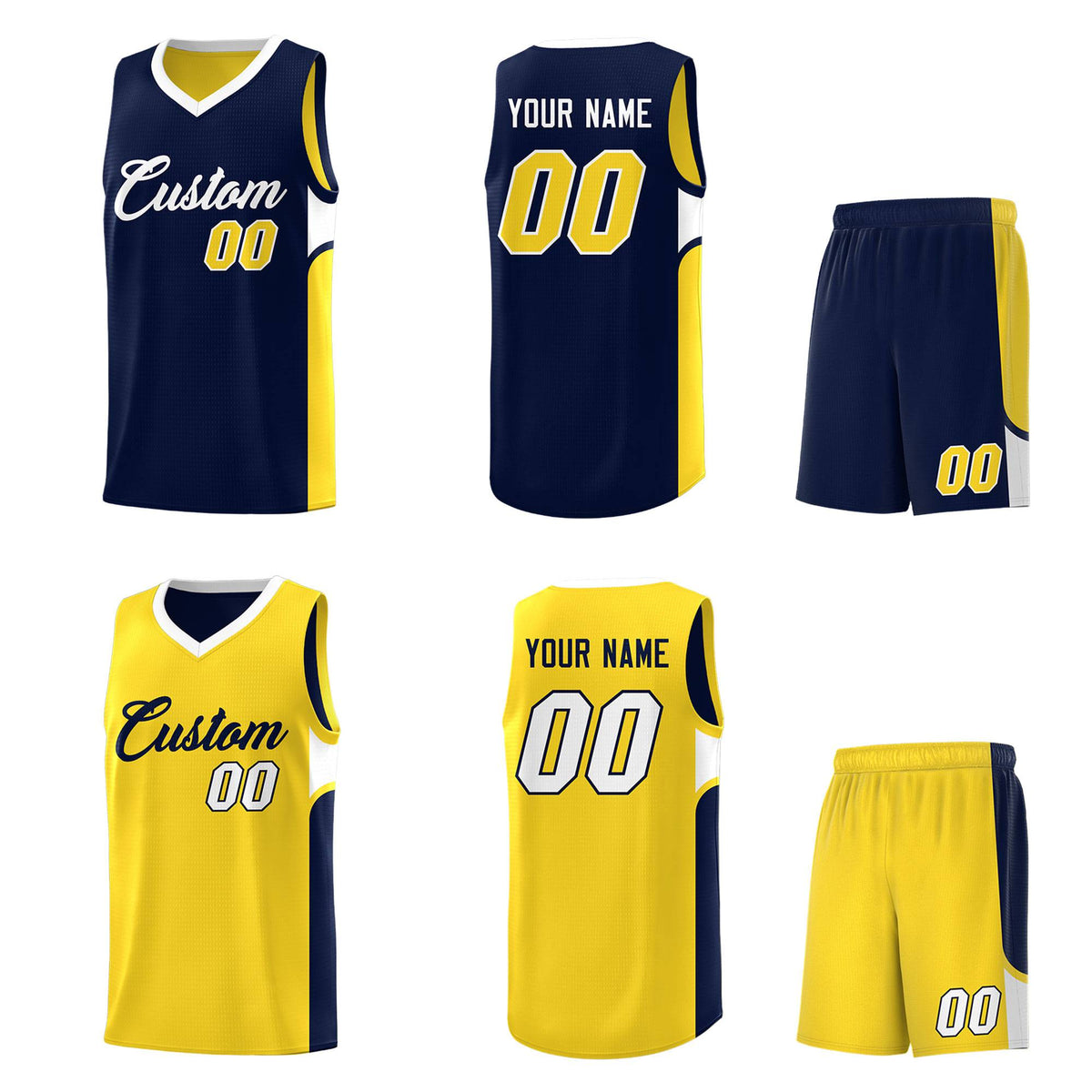 Custom Navy Gold Side U-shaped Patttern Double Side Sports Uniform Basketball Jersey|KXKSHOP