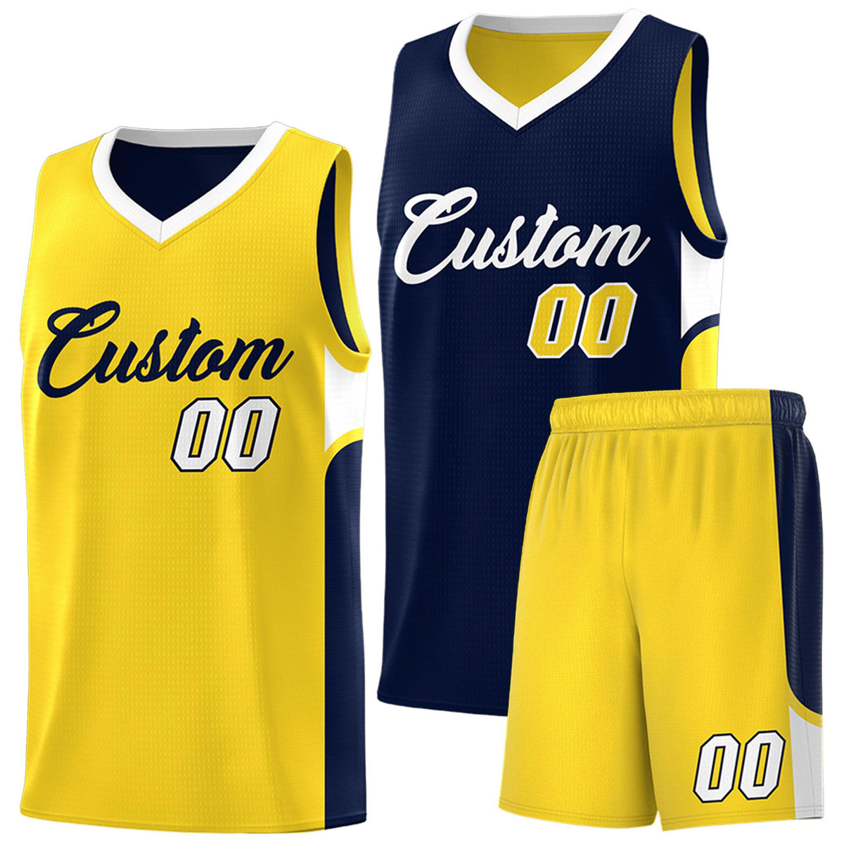 Custom Navy Gold Side U-shaped Patttern Double Side Sports Uniform Basketball Jersey|KXKSHOP