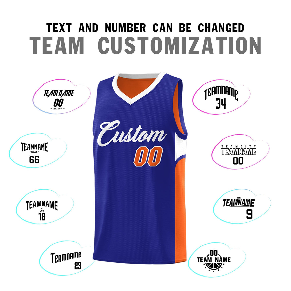 Custom Royal Orange Side U-shaped Patttern Double Side Sports Uniform Basketball Jersey|KXKSHOP