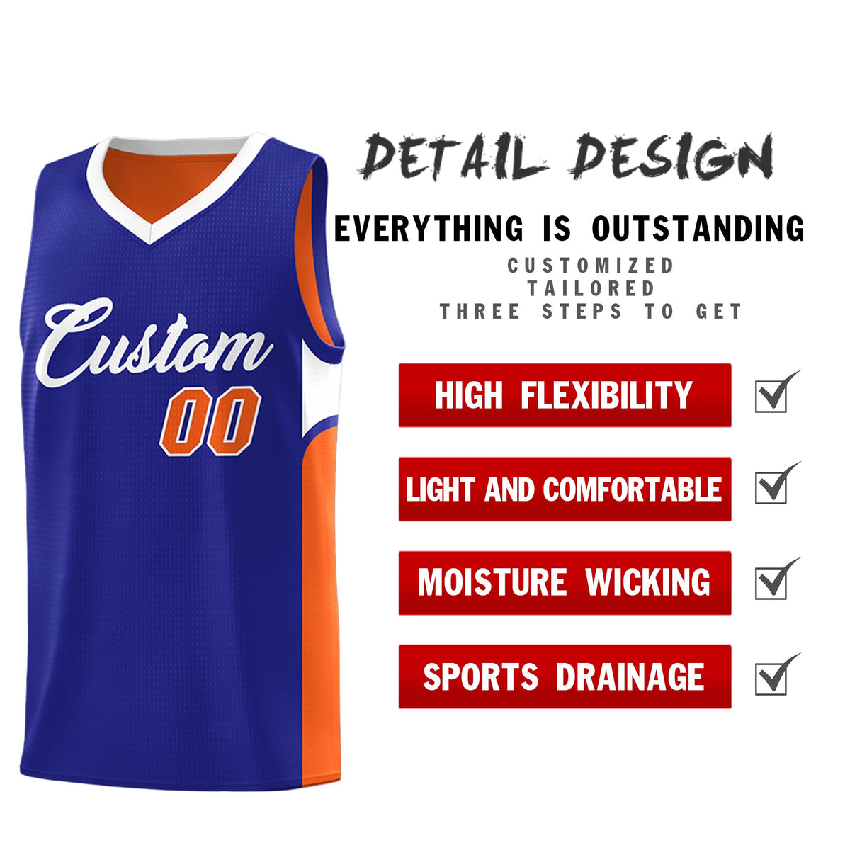 Custom Royal Orange Side U-shaped Patttern Double Side Sports Uniform Basketball Jersey|KXKSHOP