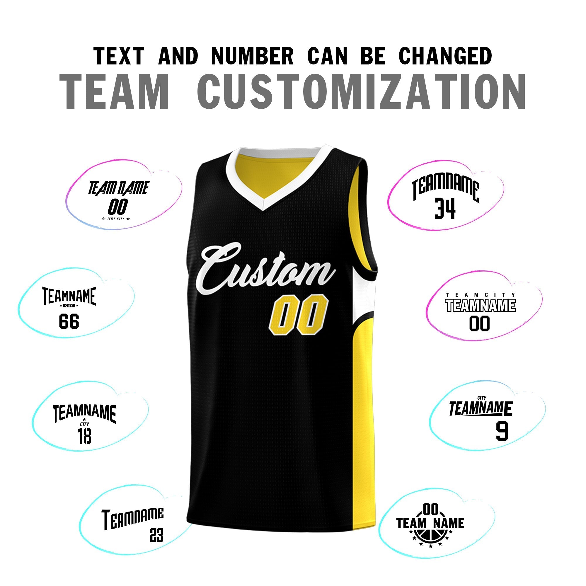 Custom Black Gold Side U-shaped Patttern Double Side Sports Uniform Basketball Jersey|KXKSHOP