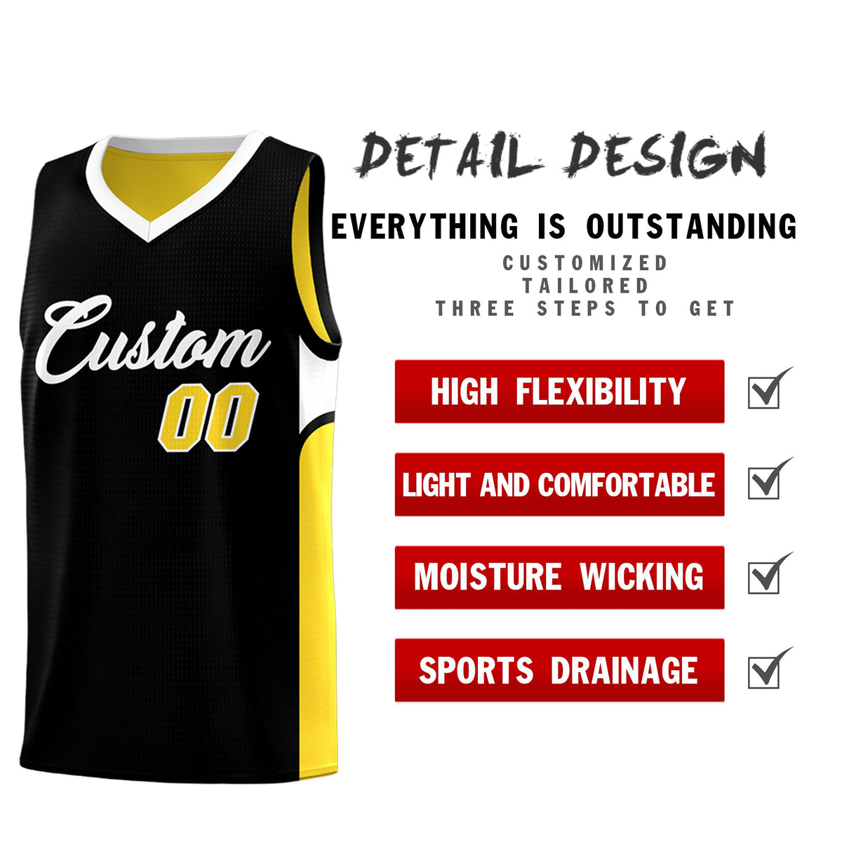 Custom Black Gold Side U-shaped Patttern Double Side Sports Uniform Basketball Jersey|KXKSHOP