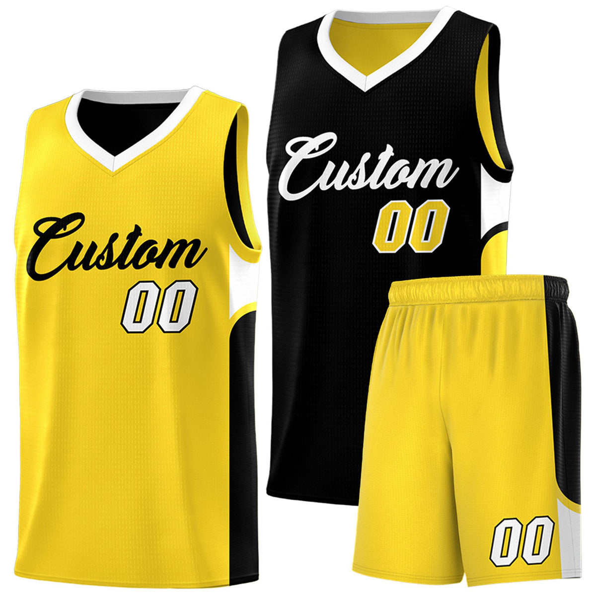 Custom Black Gold Side U-shaped Patttern Double Side Sports Uniform Basketball Jersey|KXKSHOP