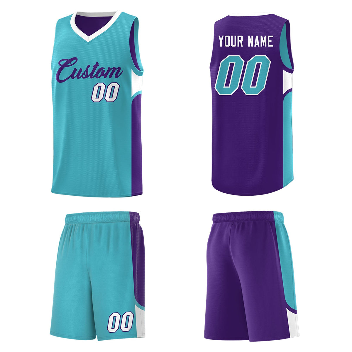 Custom Sky Blue Purple Side U-shaped Patttern Double Side Sports Uniform Basketball Jersey|KXKSHOP