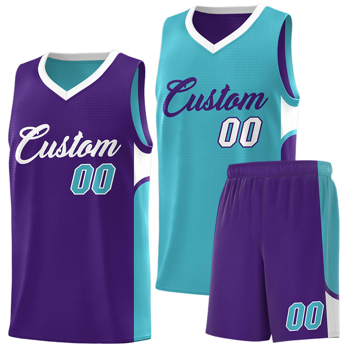 Custom Sky Blue Purple Side U-shaped Patttern Double Side Sports Uniform Basketball Jersey|KXKSHOP